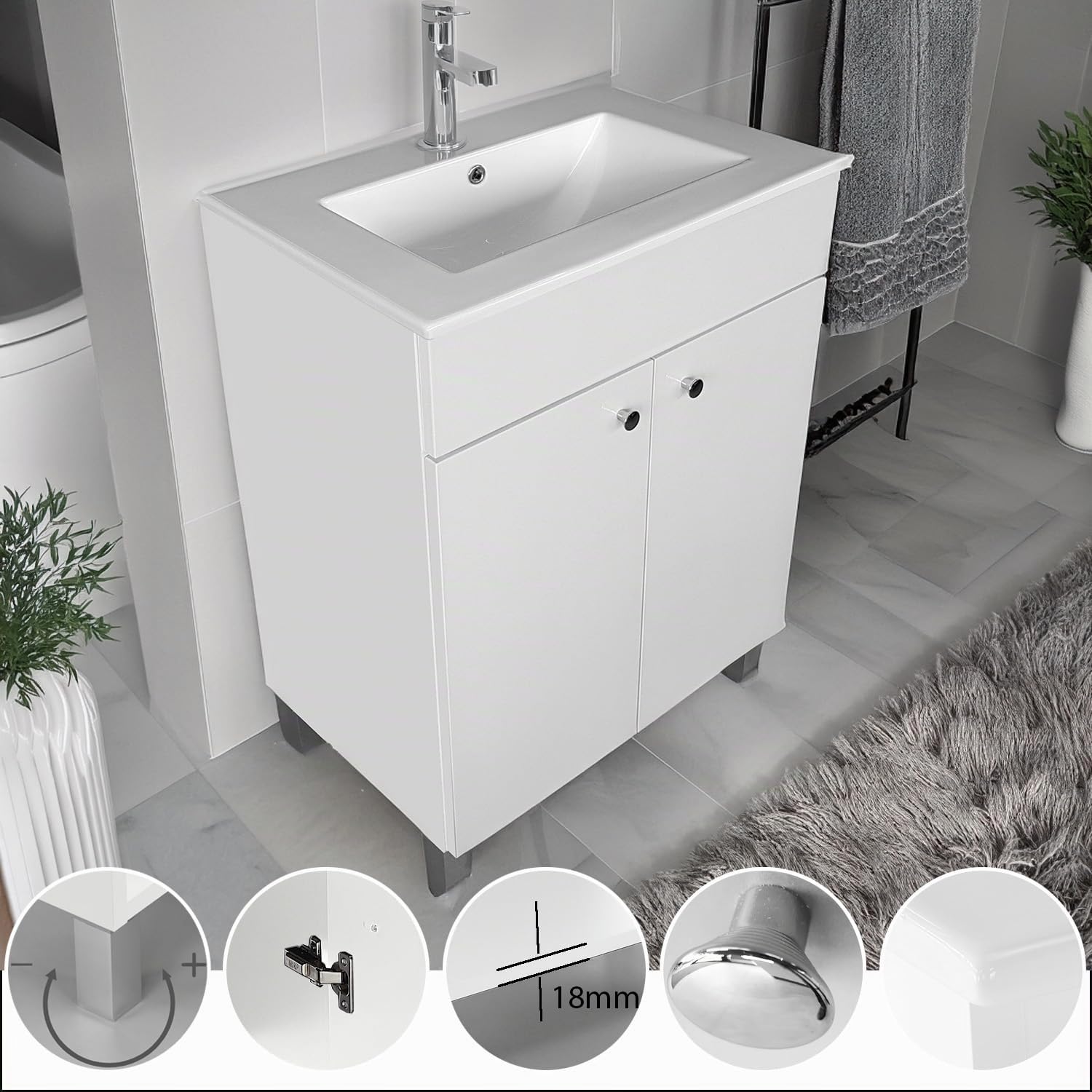 IGA Lavabo avec meuble sous vasque, à poser, angulaire, en céramique, ensemble de meubles de salle de bains, (blanc, 60 cm)