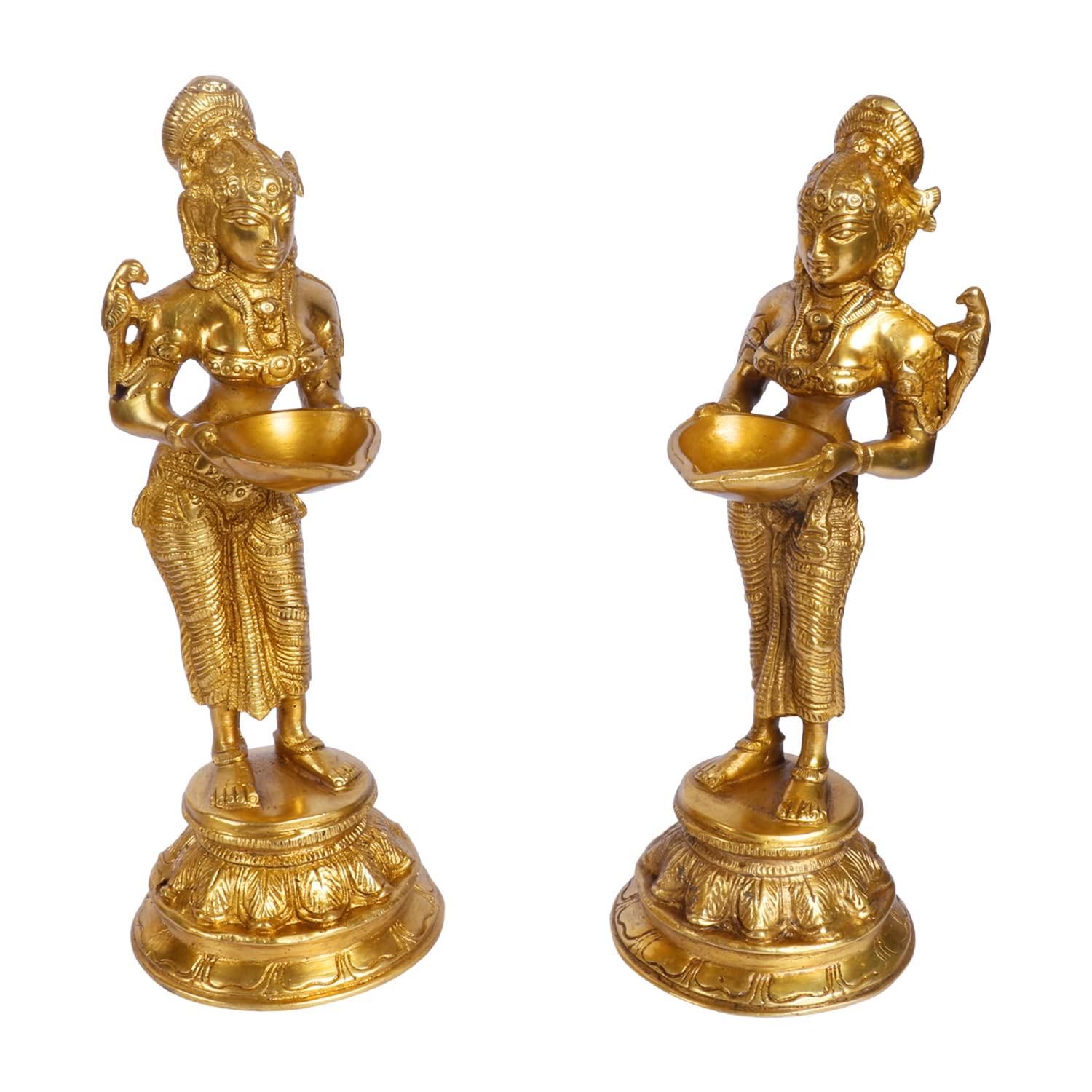 Kartique Brass Antique Style Diya Home Entrance Decor Puja Room Devi Meenakshi Devi Oil Lamp Deep Laxmi Deepalakshmi Pair for Mandir Temple Decoration Diwali Gift Gold Color Height 9.5 Inch