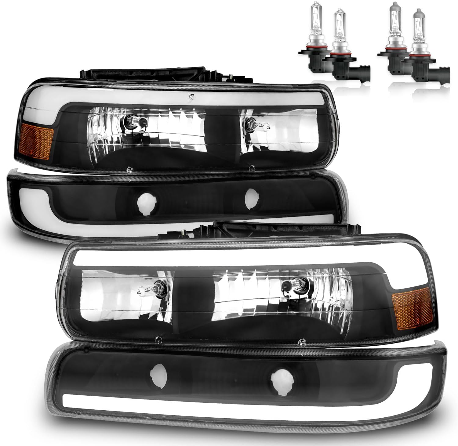 LED DRL Headlights Assembly for 1999-2002 Chevy Silverado 1500 2500, for 2001-2002 Silverado 1500HD 2500HD 3500HD, for 2000-2006 Tahoe Suburban DRL Turn Signal Hi/Low Beam with Bulbs