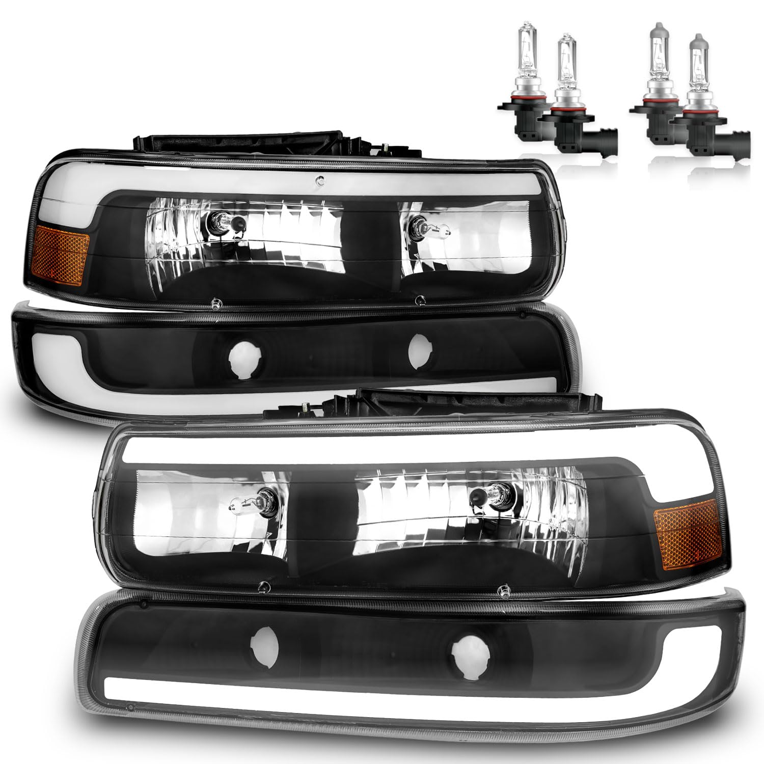 LED DRL Headlights Assembly for 1999-2002 Chevy Silverado 1500 2500, for 2001-2002 Silverado 1500HD 2500HD 3500HD, for 2000-2006 Tahoe Suburban DRL Turn Signal Hi/Low Beam with Bulbs