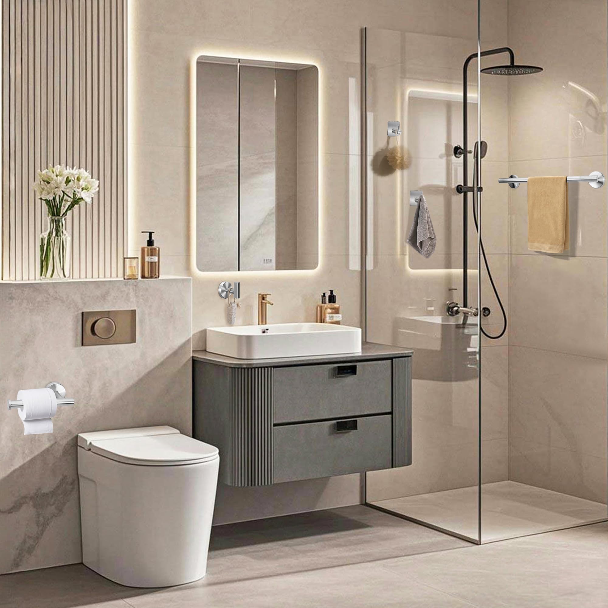 Juego de Toallero de Baño Juego de Herrajes de Baño de Acero Inoxidable Ganchos para Bata para Baño y Cocina 5 Piezas (Plata)