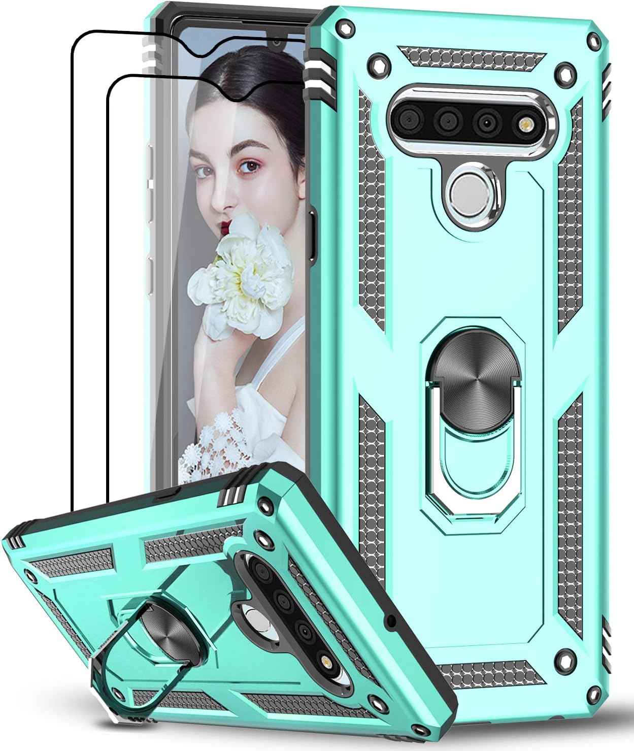 LeYi Compatible for LG Stylo 6 Case, LG Stylo 6 Phone Case with [2 Pack] Tempered Glass Screen Protector, [Military-Grade] Armor Protective Case with Magnetic Ring Kickstand for LG Stylo 6, Mint