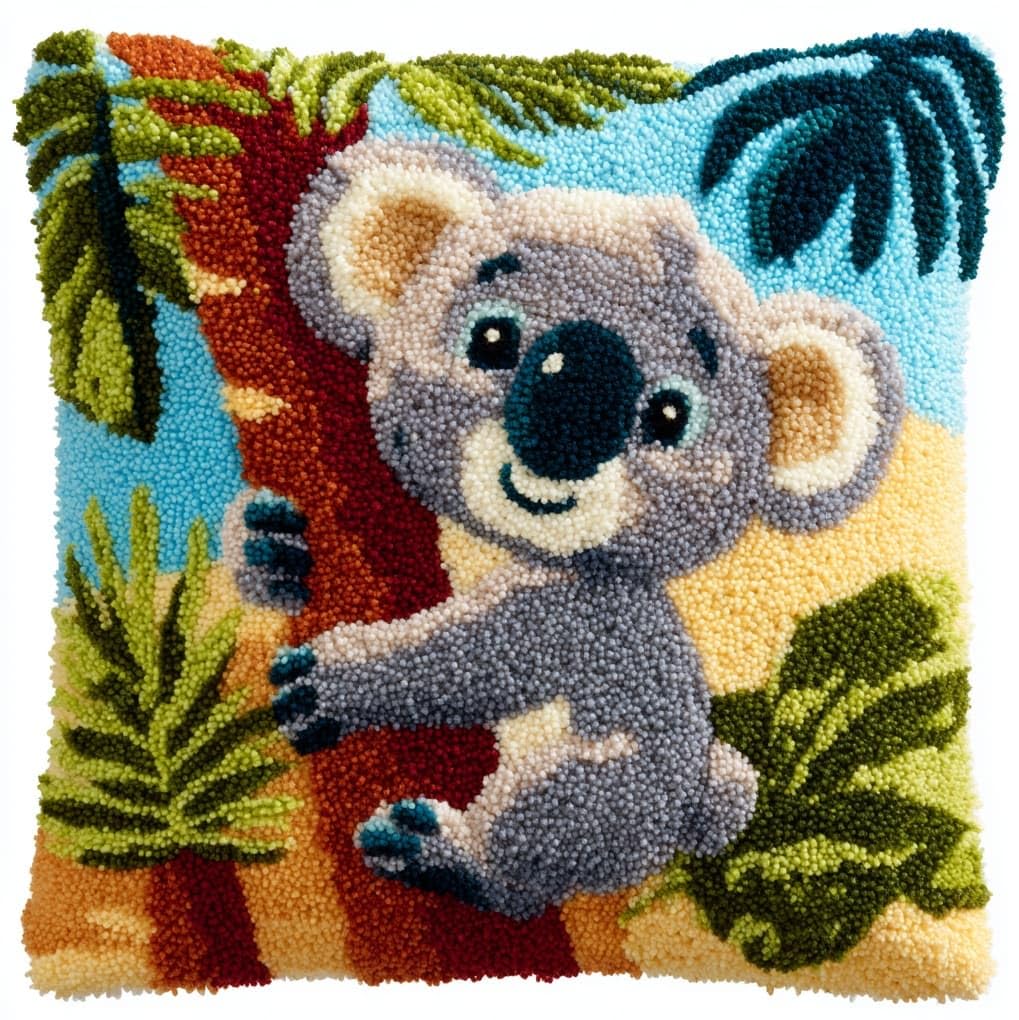 WallustrioaW DIY Latch Hook Kits,Tropical Koala,Needlework Pillow Cover DIY Hooks Knitted Pillow Embroidery Latch Hook Cushion Kit,17x17in