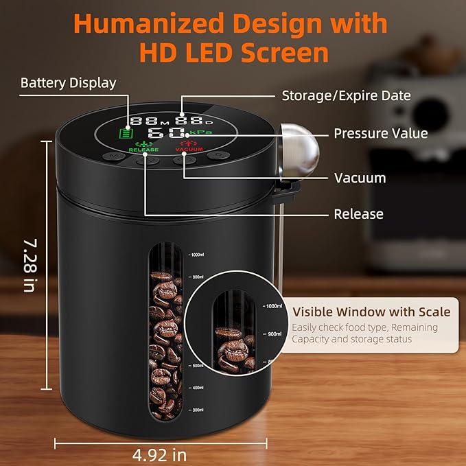 Canister de Café al Vacío Automático ZDXBO 1.3L, Hermético con Sensor miniatura 2