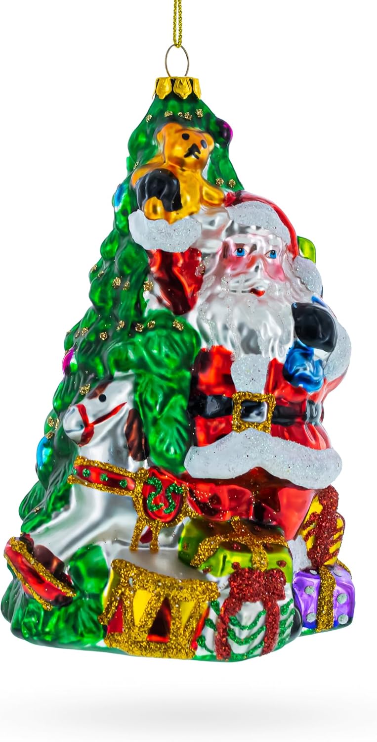 Santa with Christmas Tree and Gifts Glass Ornament