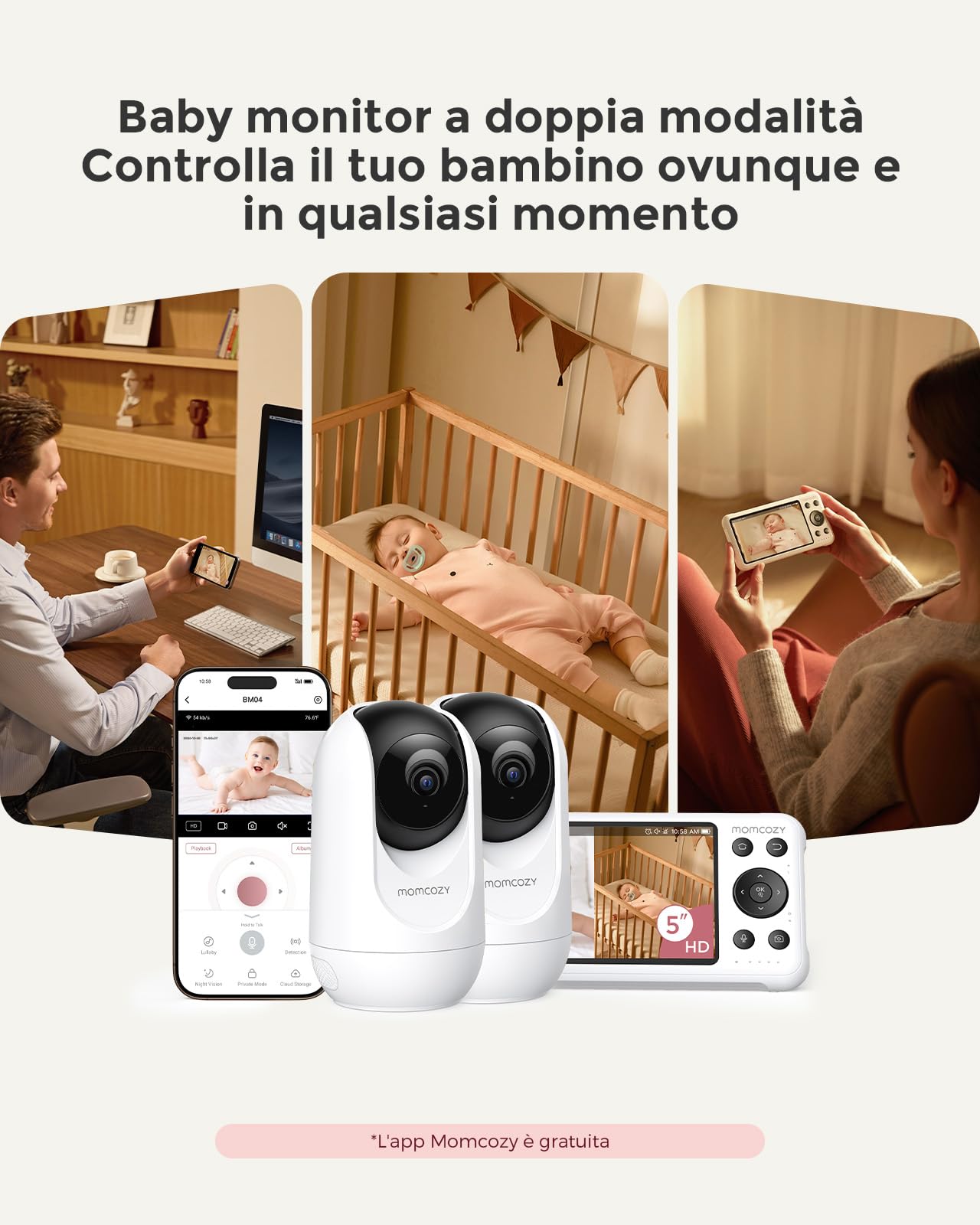 momcozy BM04 Baby Monitor video e audio con 2 Telecamere WiFi, 1080P 5" | 5000mAh Batteria, Zoom 4X, Visione Notturna Nitida, Audio Bidirezionale, Rilevamento Movimento, Supporto a Parete