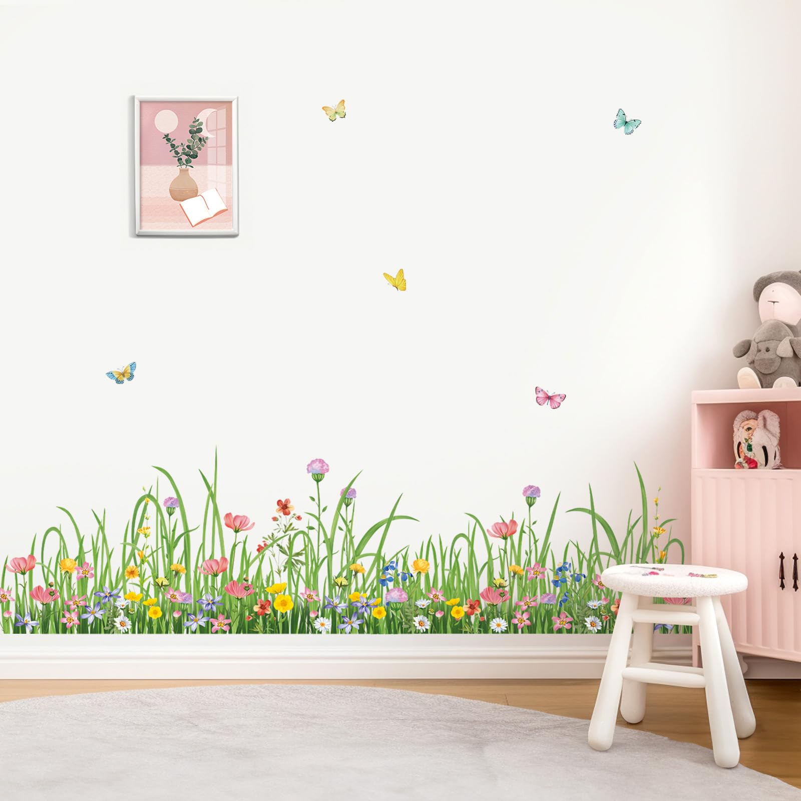 wondever Green Grass Floral Wall Corner Stickers Wildflower Butterflies Baseboard Skirting Line Wall Decals for Living Room Bedroom Dining Room - Image 3