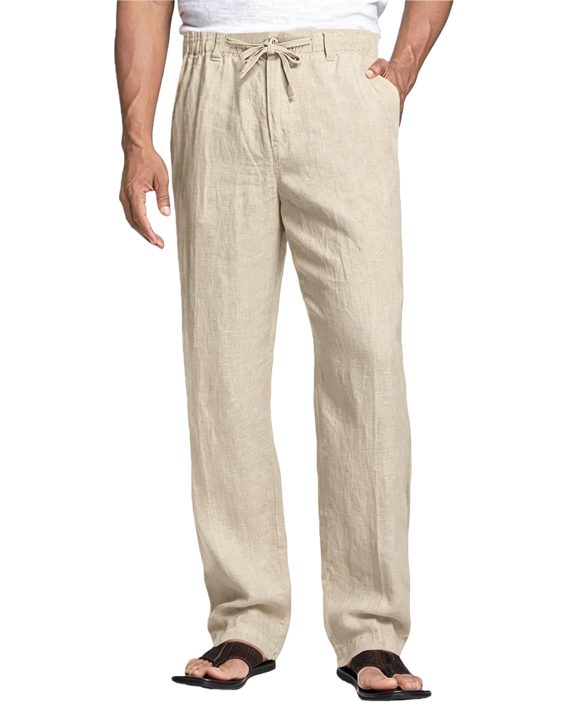 Cegerne Pantaloni di Lino Uomo Estivo Lungo Leggero Casual, Vita Elastica Zip e Coulisse, Tasche Traspiranti per Spiaggia Vacanze Quotidiano