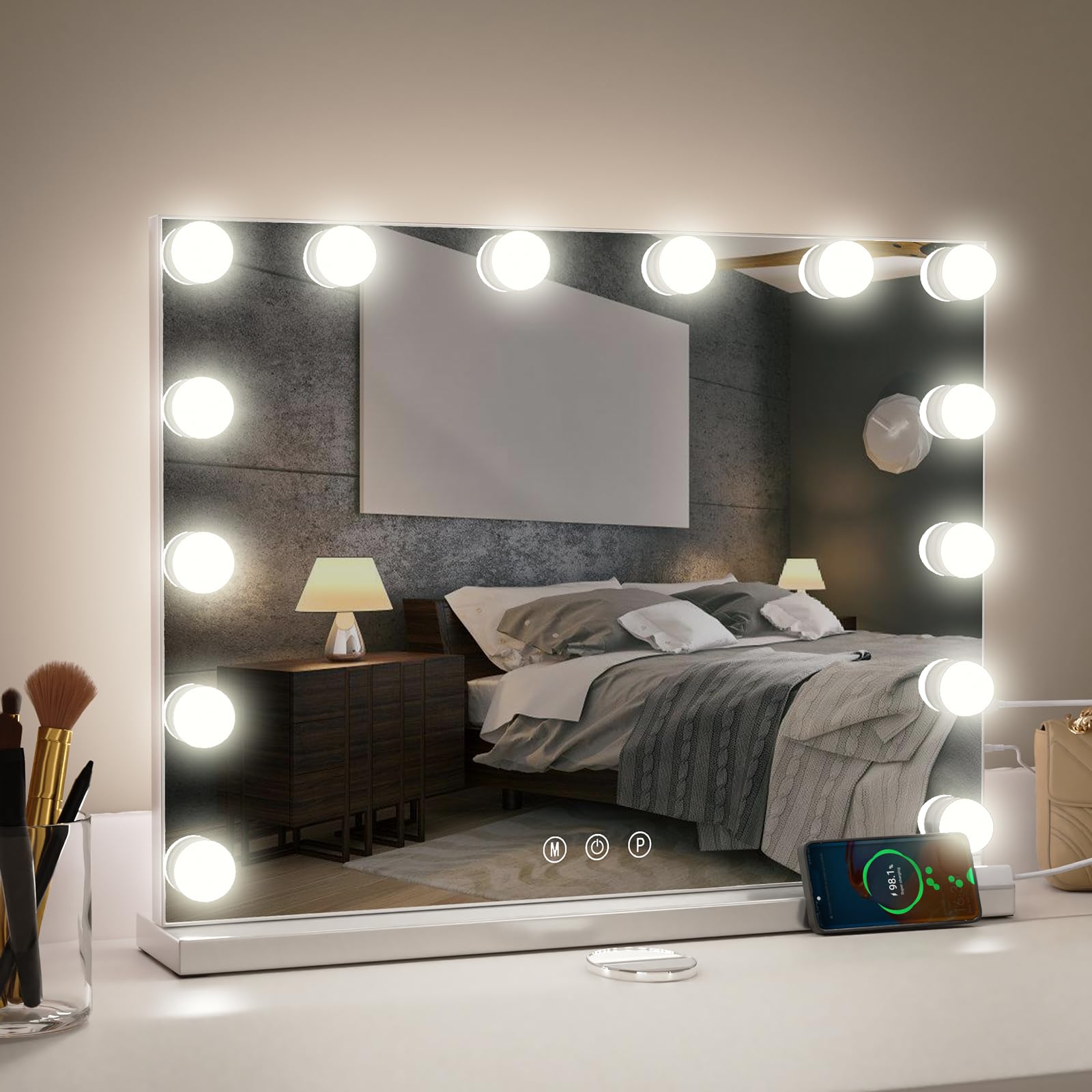 Aovquof Espejo Maquillaje con luz, 50x40 cm, Gran Espejo tocador con luz de Pared con 17 Luces LED, 3 Modos de iluminación, con USB y Aumento 10x, Espejo con luz para Maquillaje - Blanco