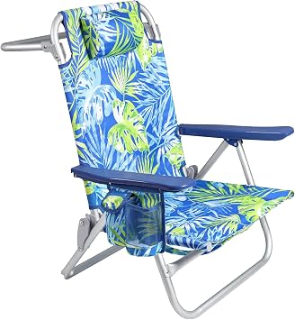 OFIKA Backpack Beach Chairs for Adults, Folding Beach Chairs with 5 Adjustable Positions,Camping Chairs with Headrest,Towel Rack,Large Pockets and Cup Holder,Supports up to 300lbs Blue Leaf, 1pack