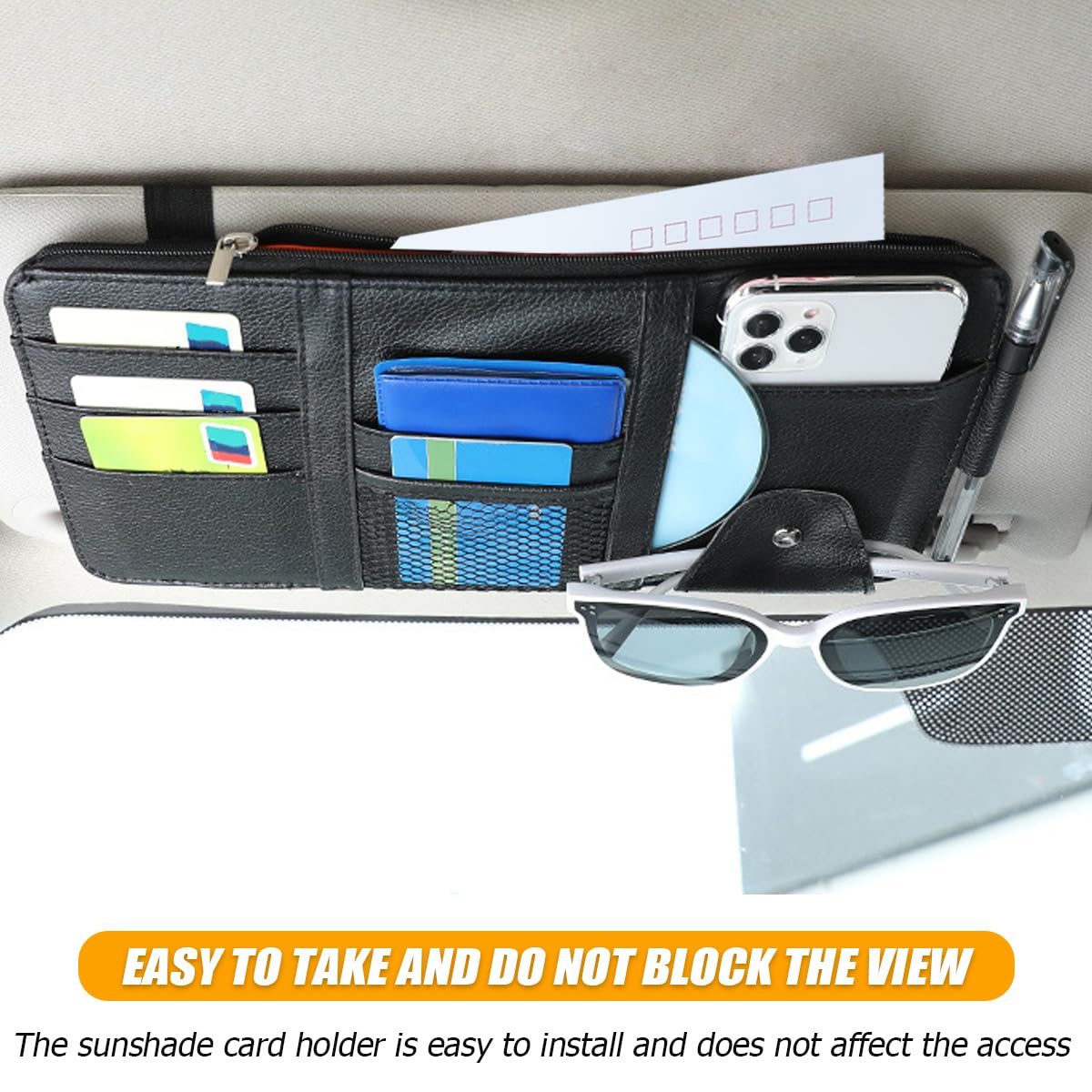 Organizzatore Per Aletta Parasole Auto - Con Porta Occhiali E Tasche | In Pelle, Nero - Foto 11