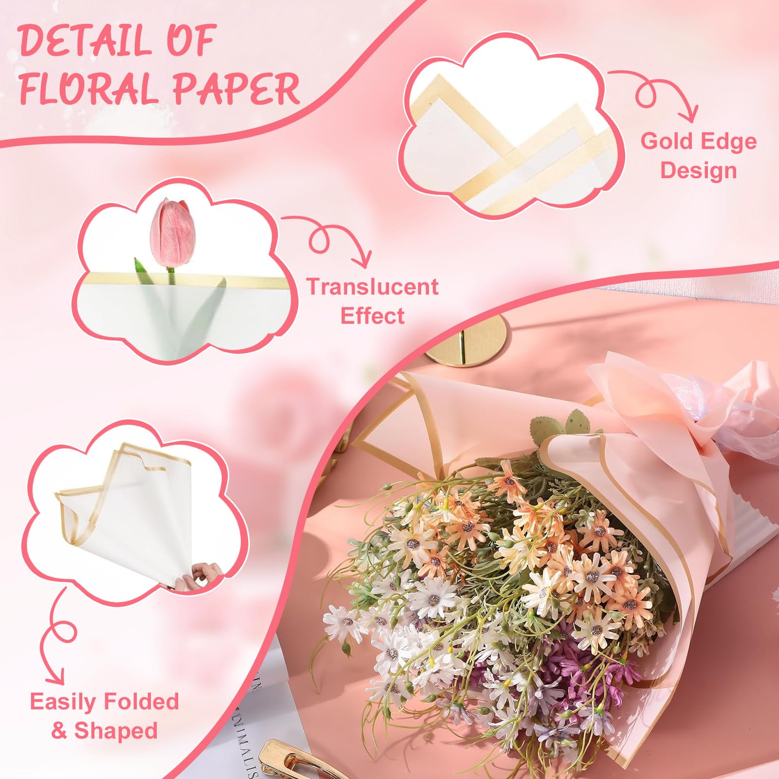weiclianhp 20 Hojas Papel de Envolver Flores Impermeable con Borde Dorado, 10 Blanco + 10 Rosa, 58x58 cm, para Ramos de Flores, Regalos de Cumpleaños y Eventos