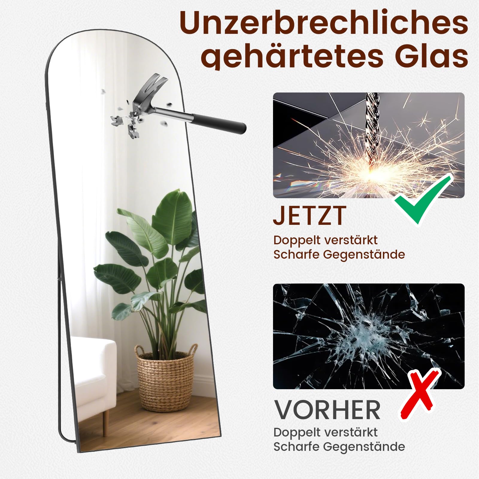 Großer Ganzkörperspiegel, 162 x 52 cm Ganzkörper Standspiegel mit 3 mm Gehärteter Aluminiumspiegel & Aluminiumrahmen, Grosser Wandspiegel Flur Wand mit Ständer, Sichere Verpackung