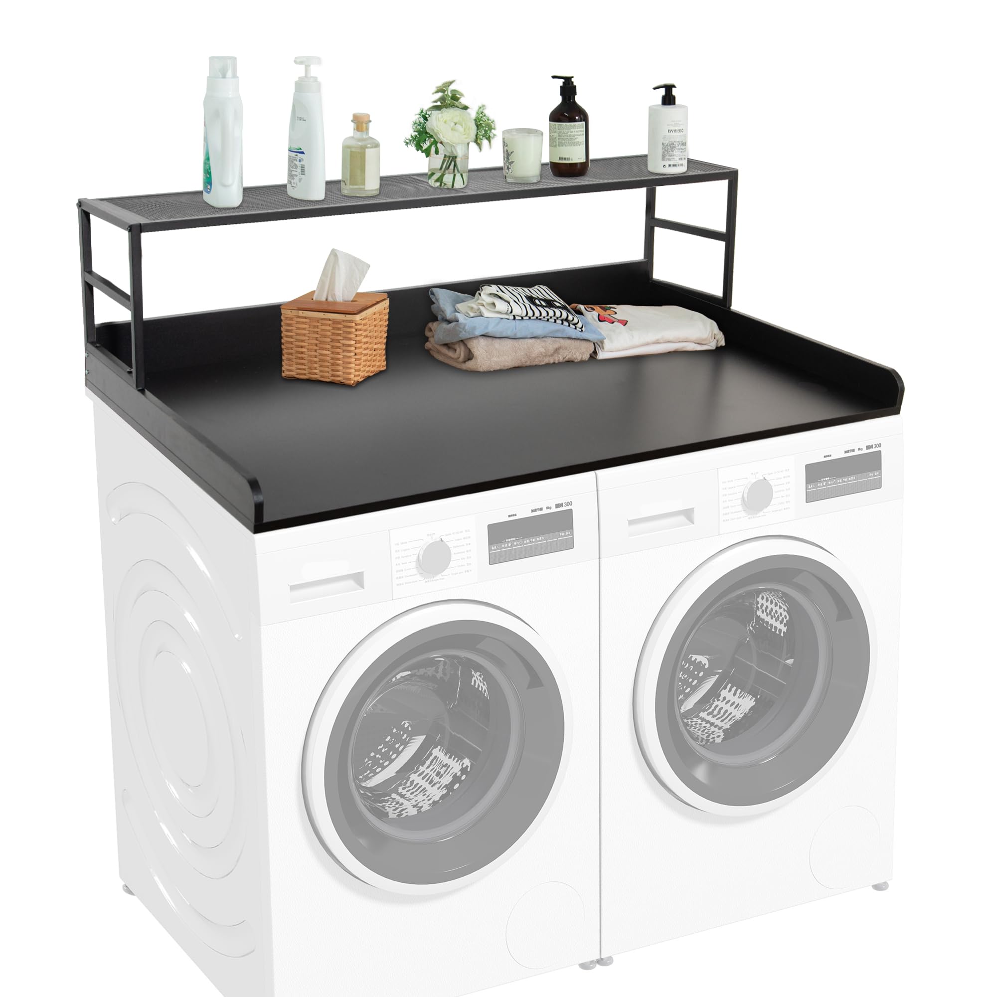 Washer Dryer Countertop with Shelf, 27.5" Depth x 54" Width Laundry Countertop Wood Topper with Edge Rails & Non-Slip Pads, Black