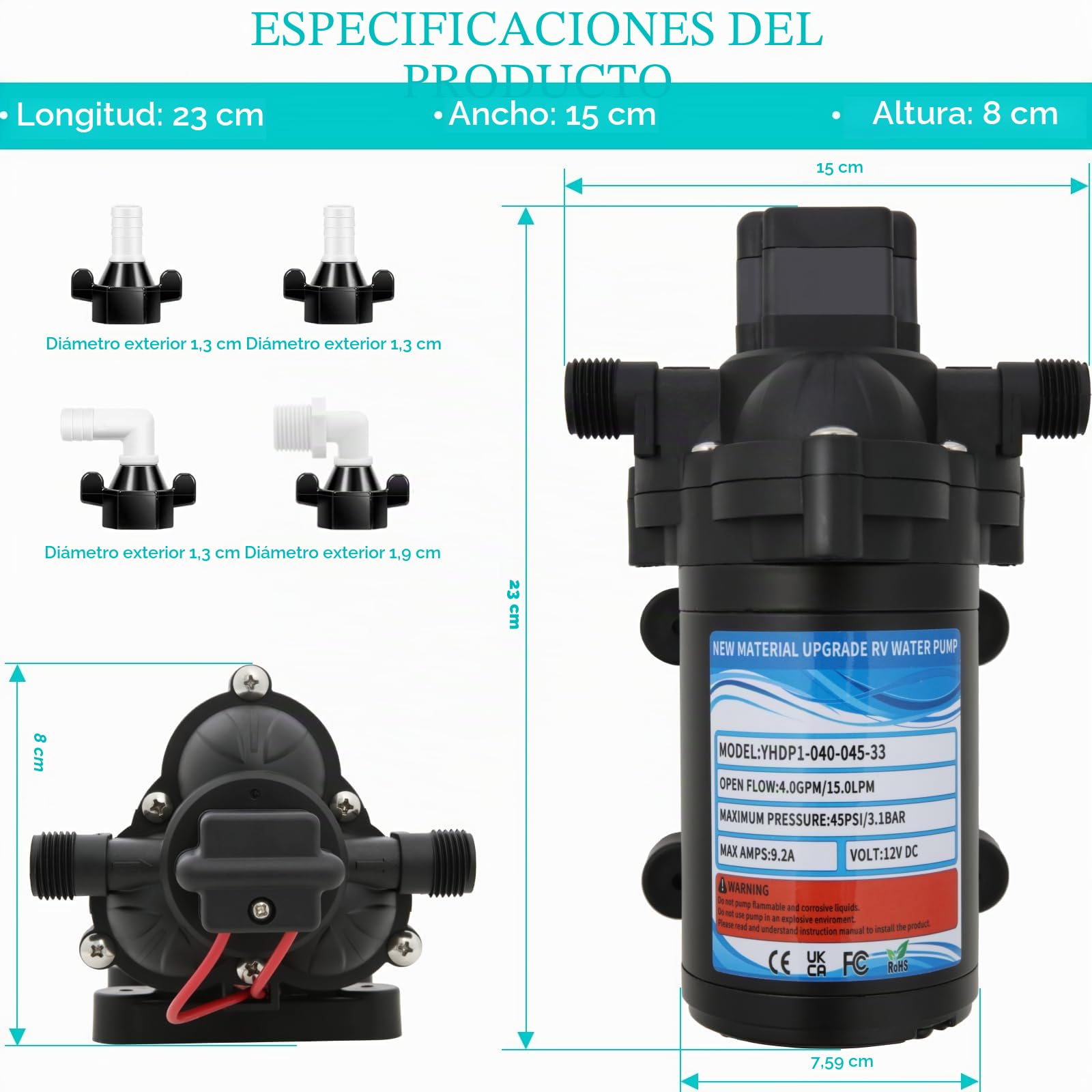 12V 4.0GPM/15.0LPM 3.1 bar 33S Bomba de presión on autocebado Bomba de diafragma de agua a demanda, Arranque y Parada Automáticospara Autocaravanas, Yates, Jardín y Campistas