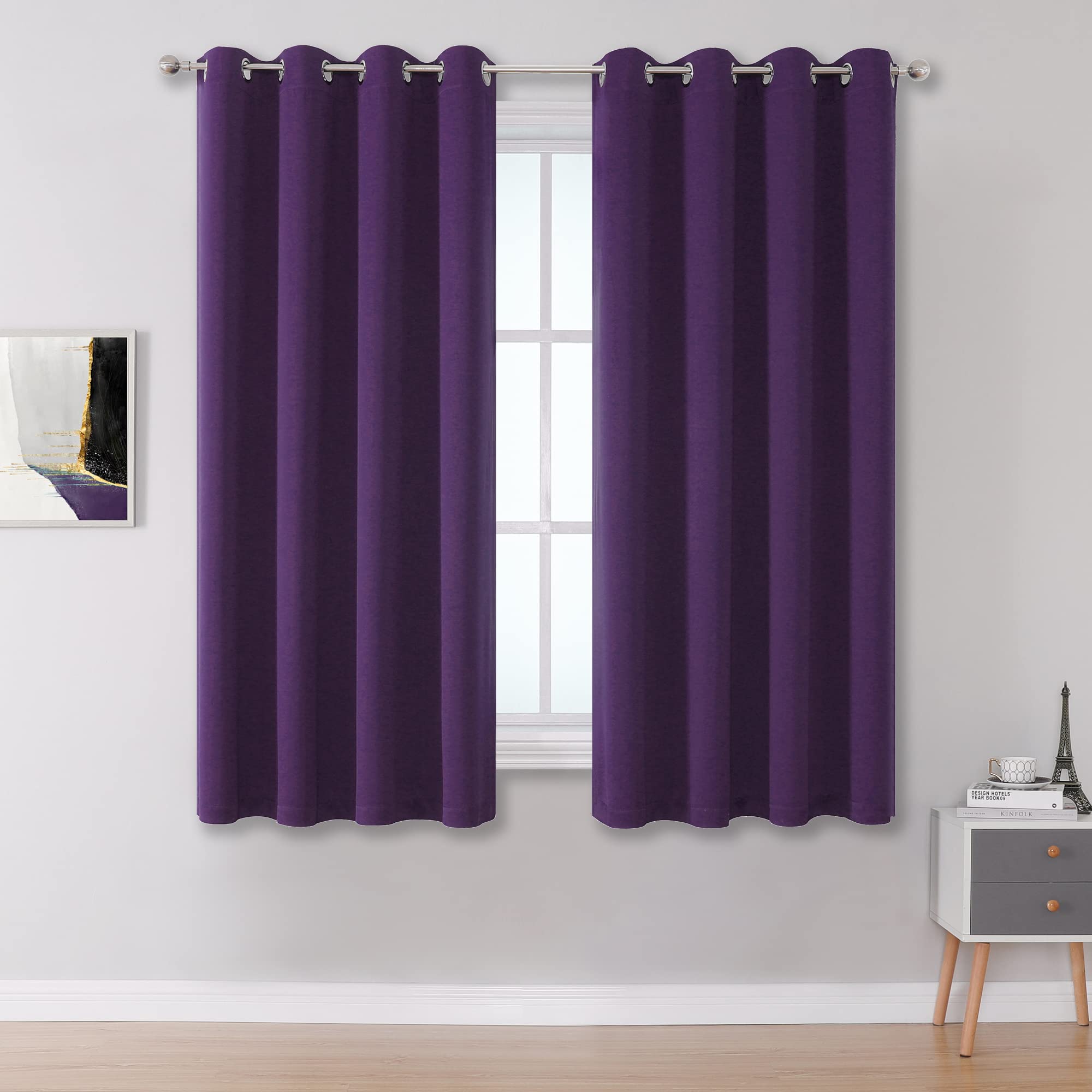 Dark Purple Blackout Curtain Panels for Kitchen Windows Set of 2 Panels Thermal Insulated Room Darkening Bedroom Curtains Drapes for Living Room 52 X 45 Inch Length