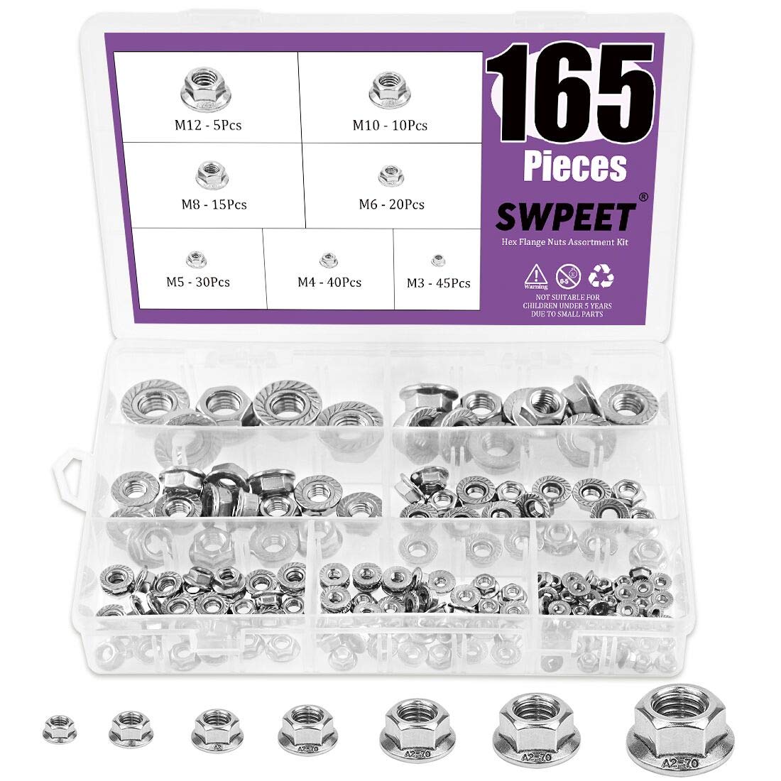 Swpeet 165Pcs 304 Stainless Steel Serrated Metric Flange Nuts Insert Hex Lock Nuts Assortment Kit - M3 M4 M5 M6 M8 M10 M12