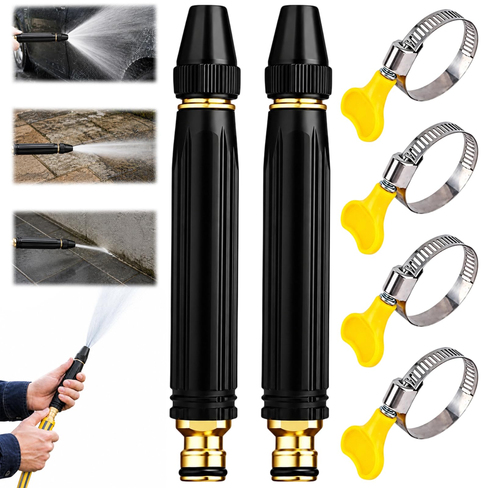 High Pressure Hose Nozzle, 6 PCS High Pressure Water Cannon set with 2 Spray Guns and 4 Pipe Clips, Home Use 10x Powerful Water Gun, Adjustable Jet Mist Shower Spray Modes, Jet Wash Gun for Garden Car
