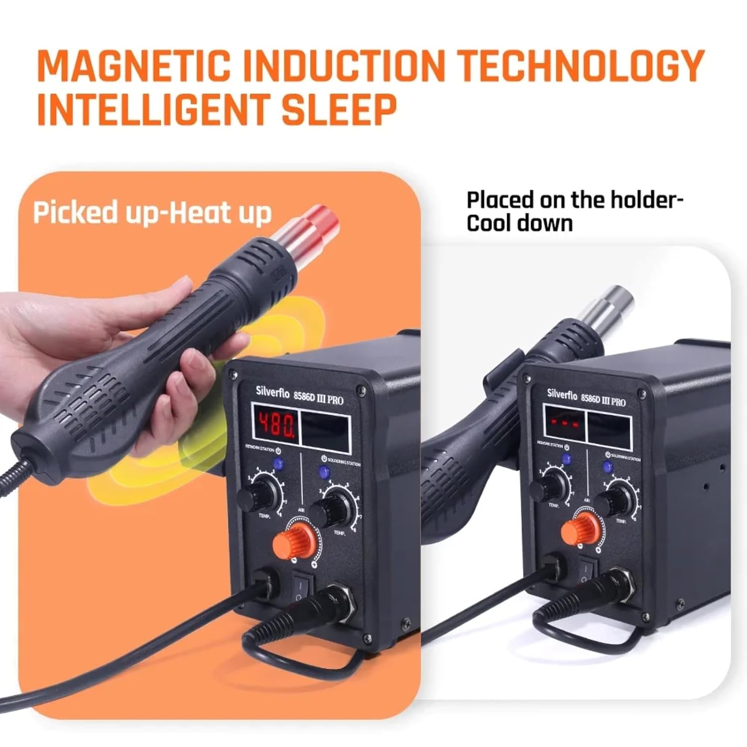 Image demonstrating the magnetic induction sleep technology for the hot air gun: heats up when picked up, cools down when placed in holder.