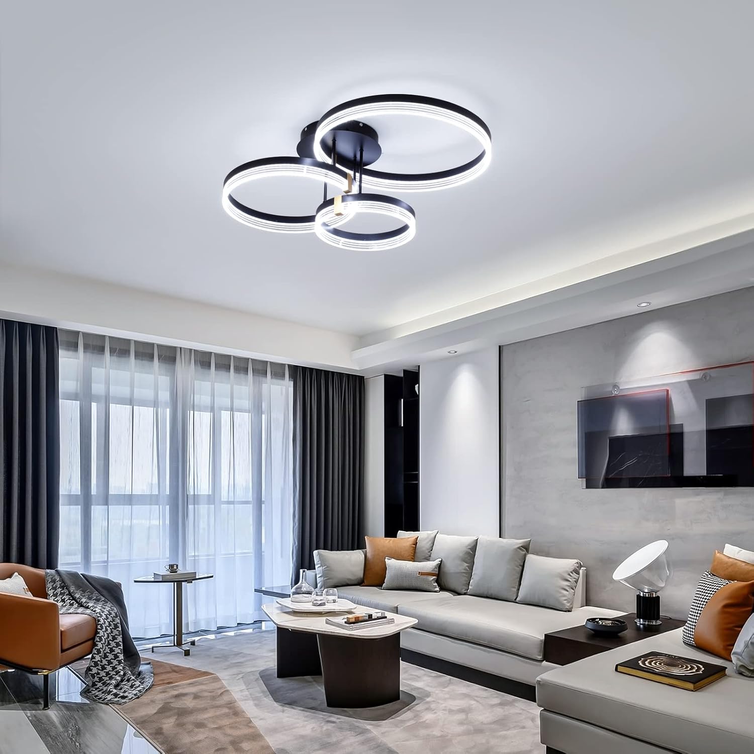 Becailyer Modern Ceiling Light Fixture, 3 Rings LED Black Close to Ceiling Light Fixtures, 56W Dimmable Acrylic Ceiling Lamp Chandelier Lighting for Living Room Bedroom Dining Room Kitchen Foyer