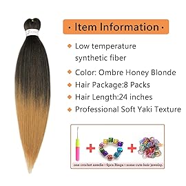Ubeleco Pre Stretched Braiding Hair, 8 Packs 24 inch Braiding Hair Pre Stretched Yaki Texture, Hot Water Setting, Easy To Install Professional Synthetic Ombre Hair for Braiding(24in,1B/27)