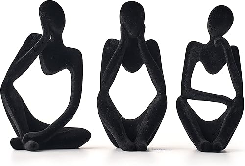 FJS Decoración de sala de estar, estatua de pensador de decoración flocada, estatua de decoración negra, escultura de arte abstracto, escultura para