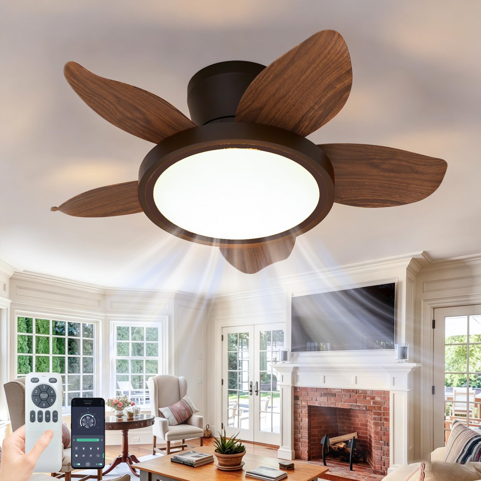 ZOMLBOF Bedroom Quiet Ceiling Fan with Light, 65 CM,5 Blades, 6-Speed Reversible Fan Light with Timer, App Remote,Dimmable LED Light Fan with Memory Function,for Lounges and Living Rooms Walnut