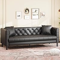 IDEALHOUSE 78" Mid-Century Modern Chesterfield Leather Sofa, 3-Seater with Deep 26" Seats & 2 Pillows, Black Couch for Living Room