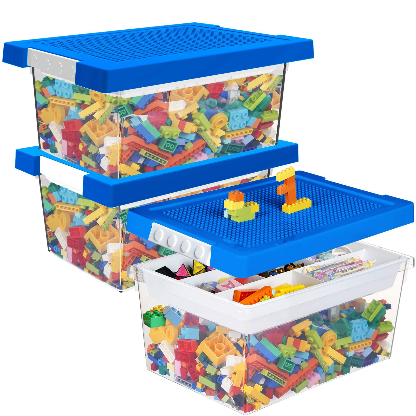 Greentainer Set de 3 Cajas de Almacenamiento de Juguetes con Tapa y Bandeja Extraíble, PP Apilable, Organizador para Bloques, Compatible con Ladrillos, para Habitación Infantil(Azul)
