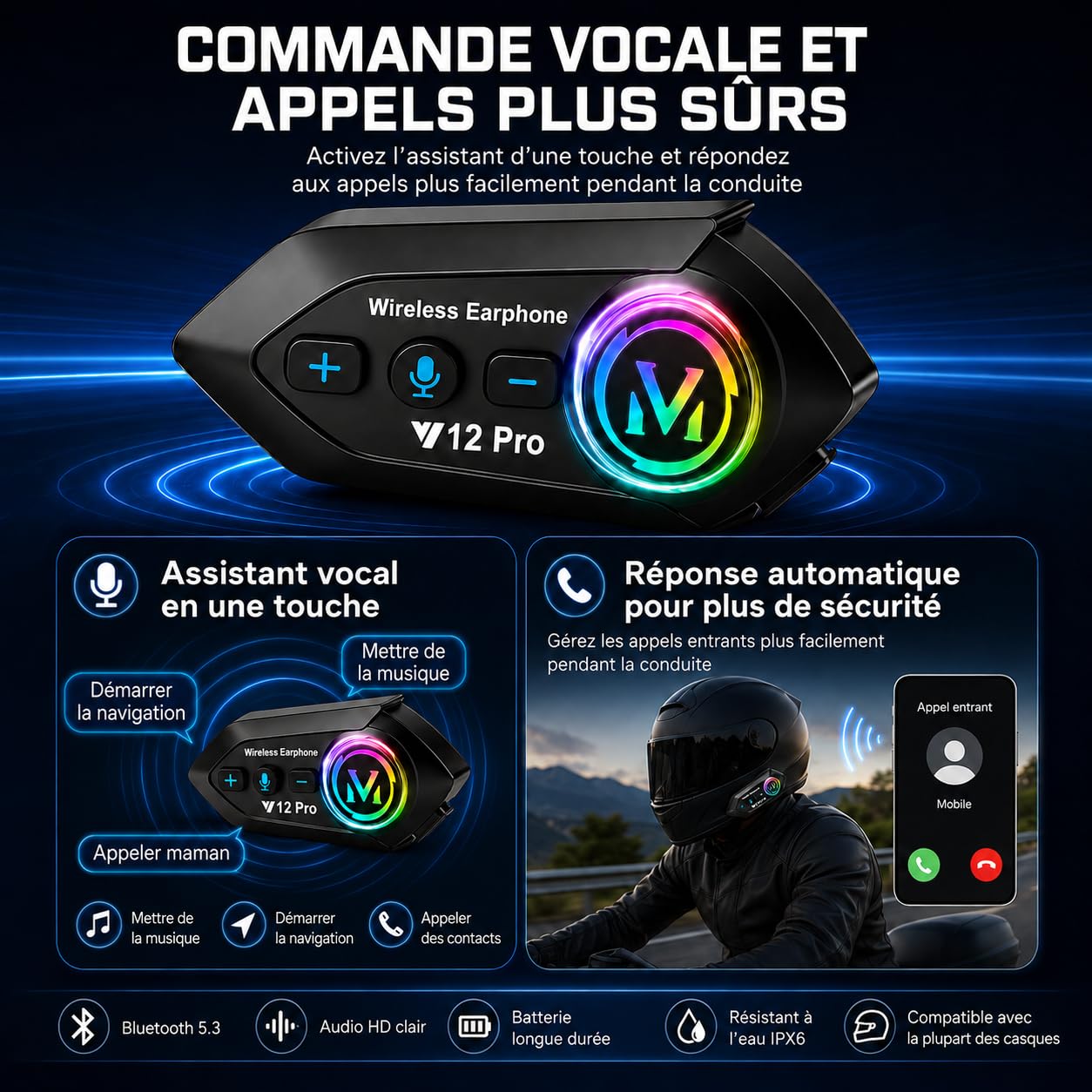 Genérico Intercomunicador Bluetooth 5.4 para Moto, Sistema de Comunicación Inalámbrico para 2 Pilotos hasta 500m, Auriculares Impermeables IP56 para Casco Universal, Set de 2