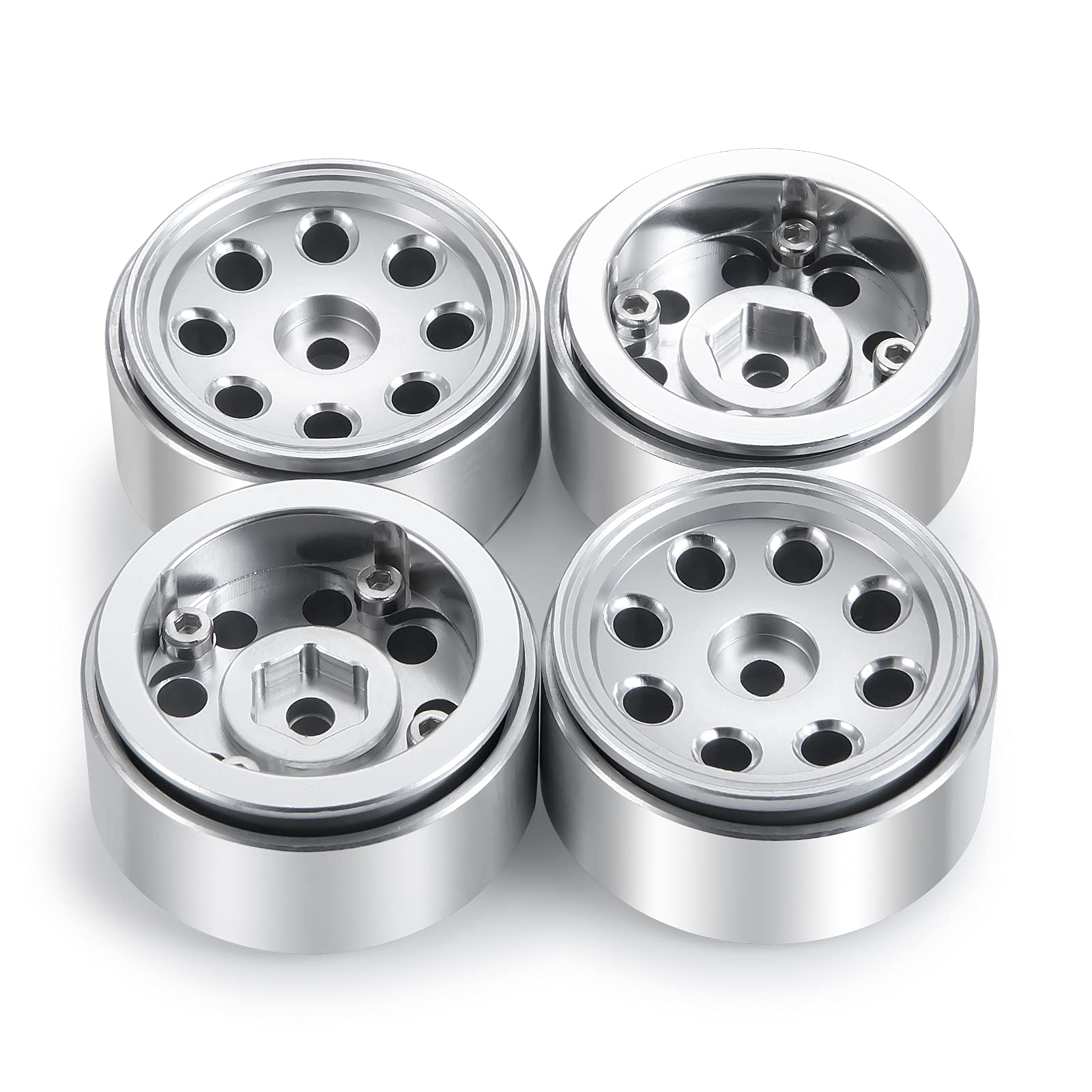 Que-T RC Beadlock Wheel Rims - 4pcs Bright Silver Hubs For 1/24 Axial SCX24 Crawler Upgrades - View #10