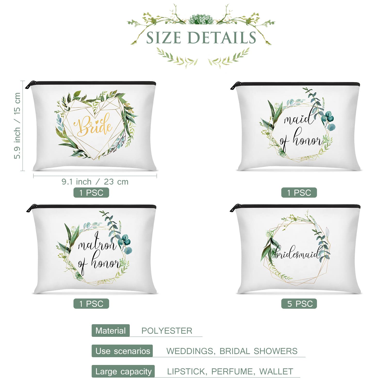 8 Pcs Bridesmaid Makeup Bag Matron of Honor Gifts Bridal Bag for Bridal Wedding Party Gift(Leaves Pattern)