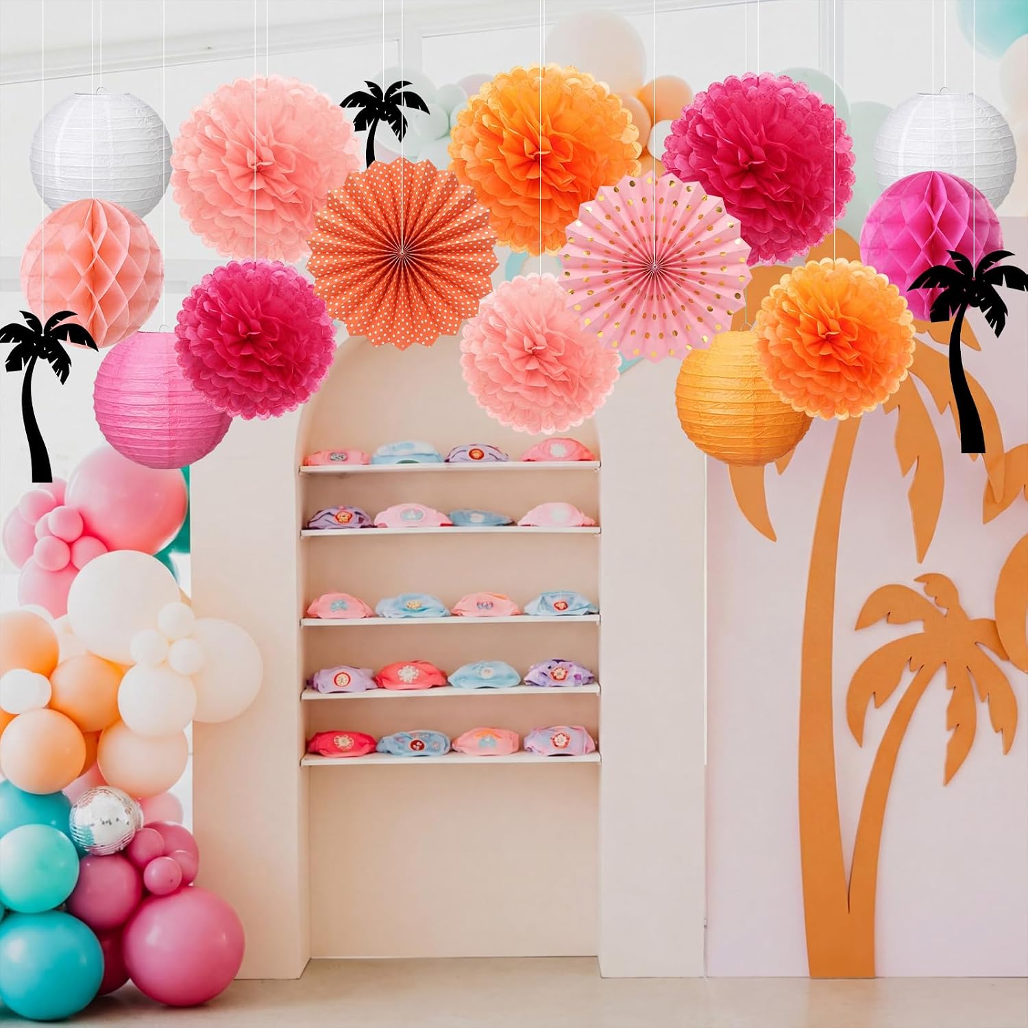 Crtiin 16 Pcs Sunset Party Decoration Art Music Hanging Sunset Soiree Party Favor Pink and Orange Backdrop Paper Lantern Honeycomb Pom Pom Summer Coconut Tree for Wedding Birthday Baby Bridal Shower