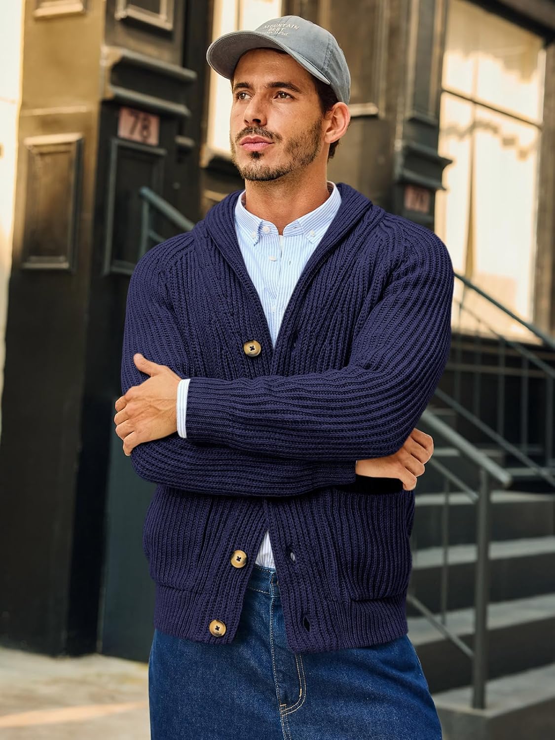 Runcati Mens Shawl Collar Cardigan Sweaters Button Down Open Front Knitwear Cable Knitted Ribbed Jacket Outwear Navy - Image 2