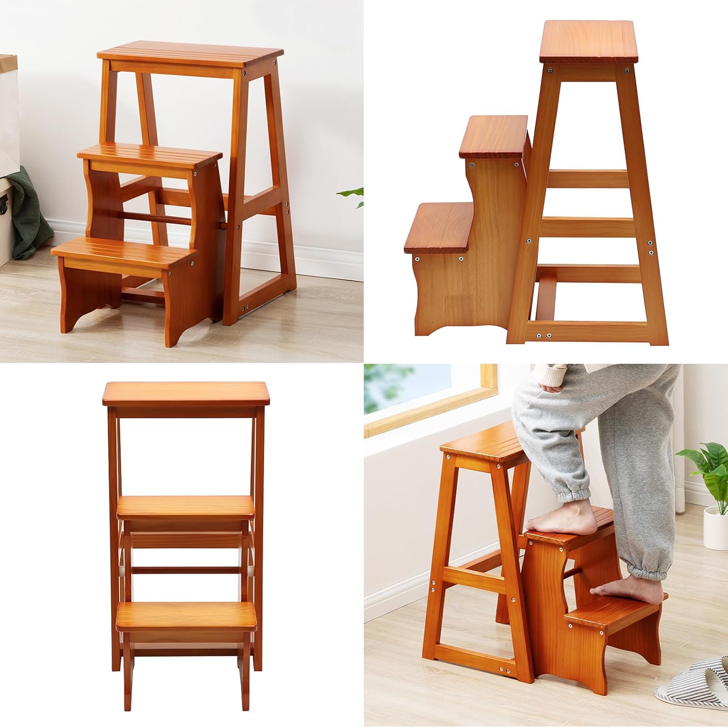 Folding Library Ladder Chair, 3-Step Stool Stepladders Lightweight Portable Multi-Functional Wood Step Ladder for Home,Kitchens, Garages (Honey)