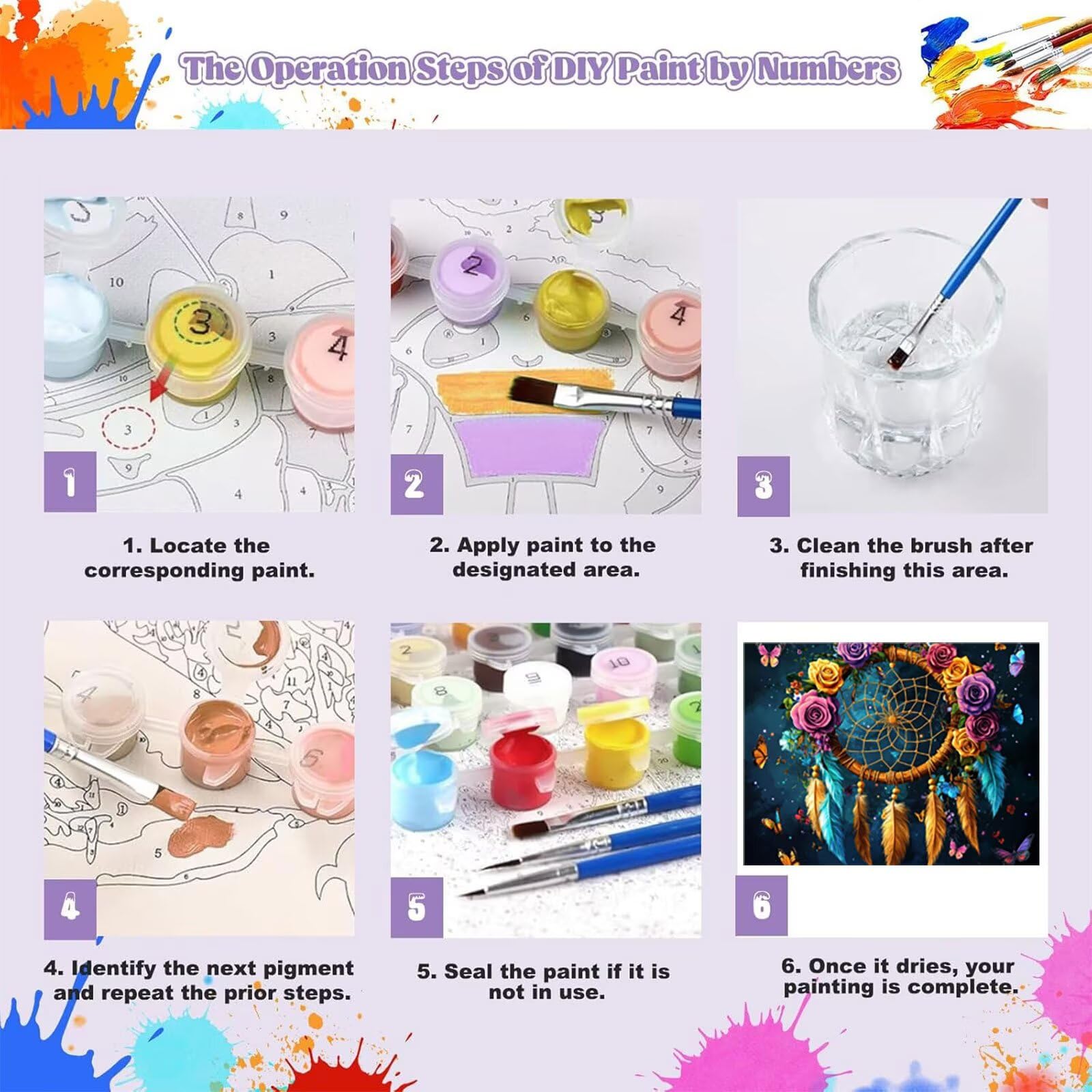 Peinture Numero Adulte Fleur Coloriage par Numero Adulte Attrape RêVes DIY Paint by Numbers, avec Pinceaux Peinture Loisir Creatif Enfant Cadeau Femme, Pour Decoration Maison Murale 70x90cm H - 913