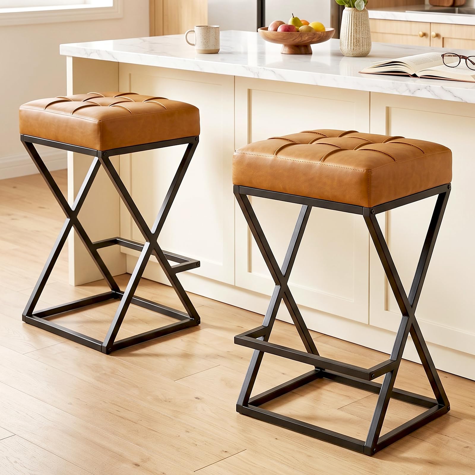 Bar Stools Set of 2, 26 Inch Counter Height Stool Faux Leather Brown