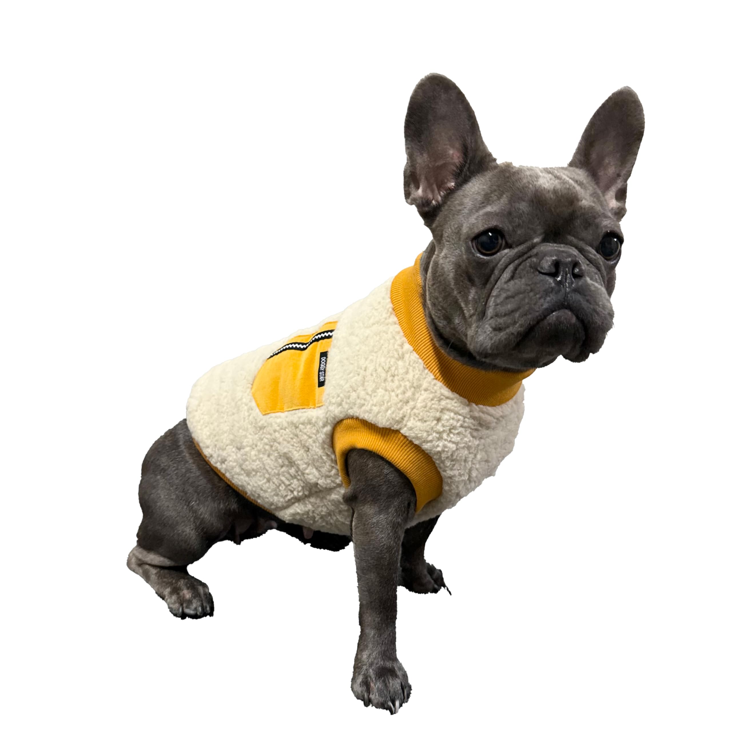 D Doggy Star French Bulldog Clothes for Dogs Cozy Warm Fleece Cold Weather Coat Pocket Sweater Fall and Winter (2XL,B Mustard Pkt)
