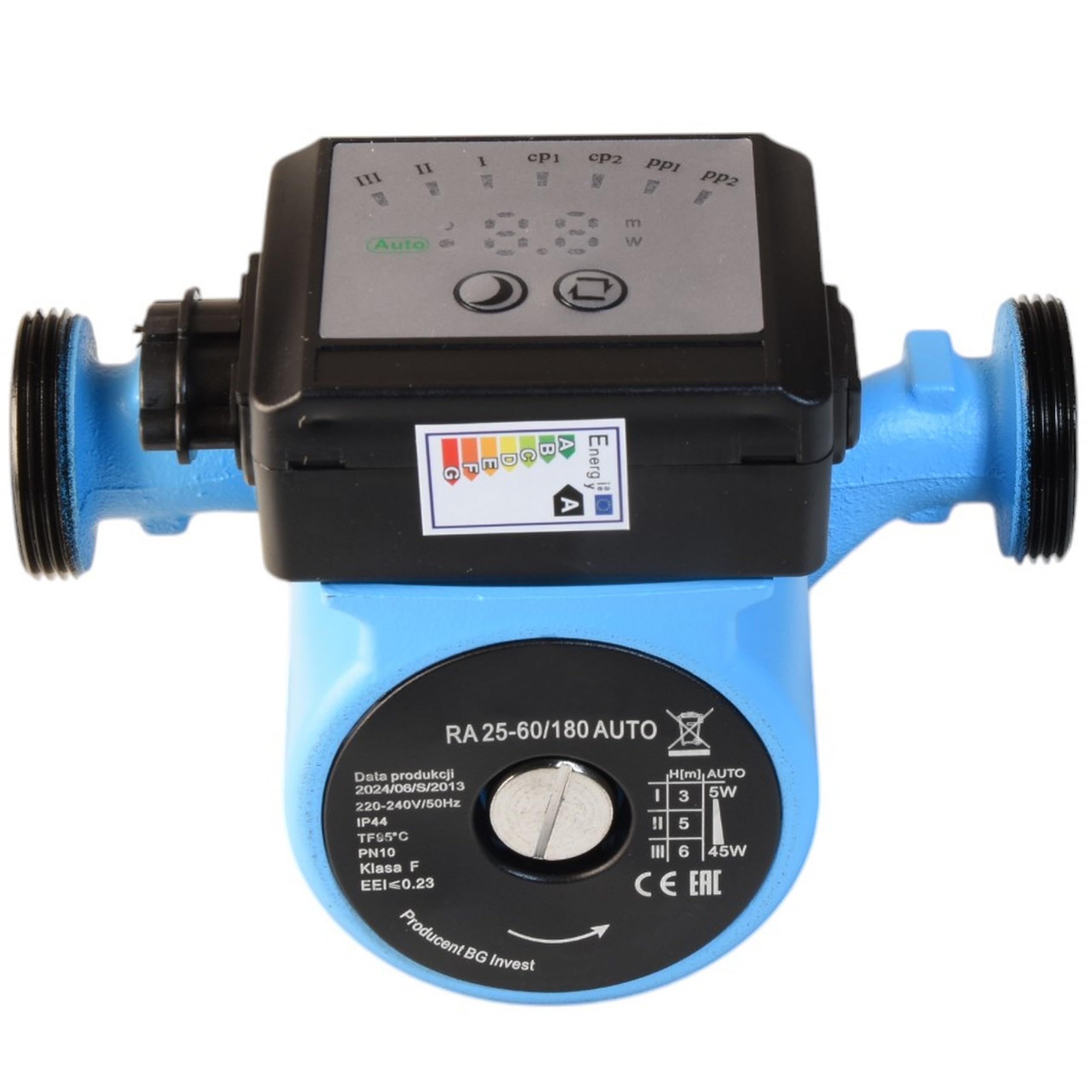 Pompa di Circolazione RA 25-60/180 AUTO (5-45W max. 3300 l/h Prevalenza 6 m) - Pompa per Acqua Calda - per Riscaldamento Centrale – 3 Velocità - Modalità NOTTE e AUTO - Basso Consumo Energetico 180 mm