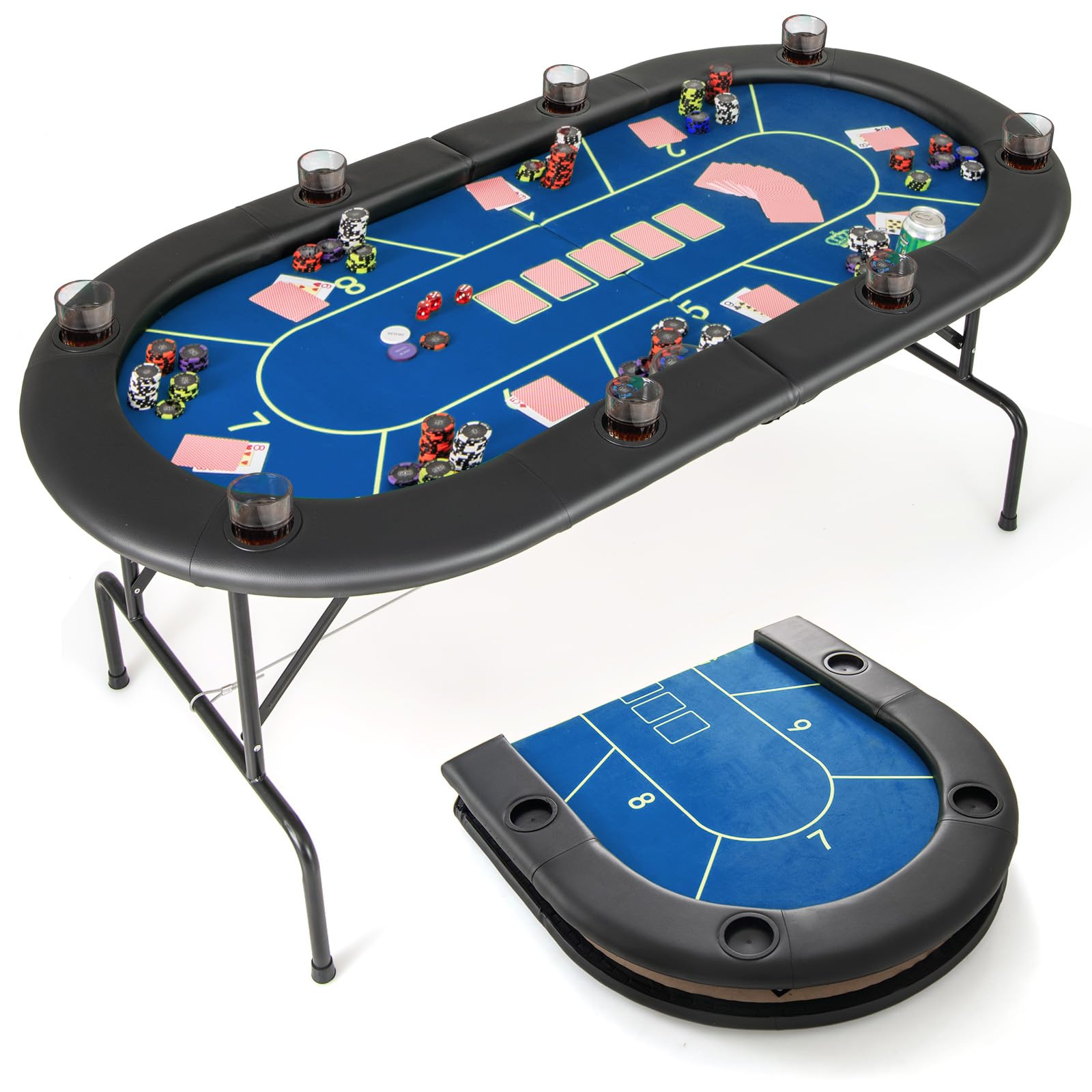 Giantex72" Poker Table Foldable, 8 Player Folding Card Board Game Table w/ 8 Cup Holders, Casino-Grade Felt Surface, Portable Oval Texas Holdem Poker Tables for Blackjack Casino, No Assembly Required