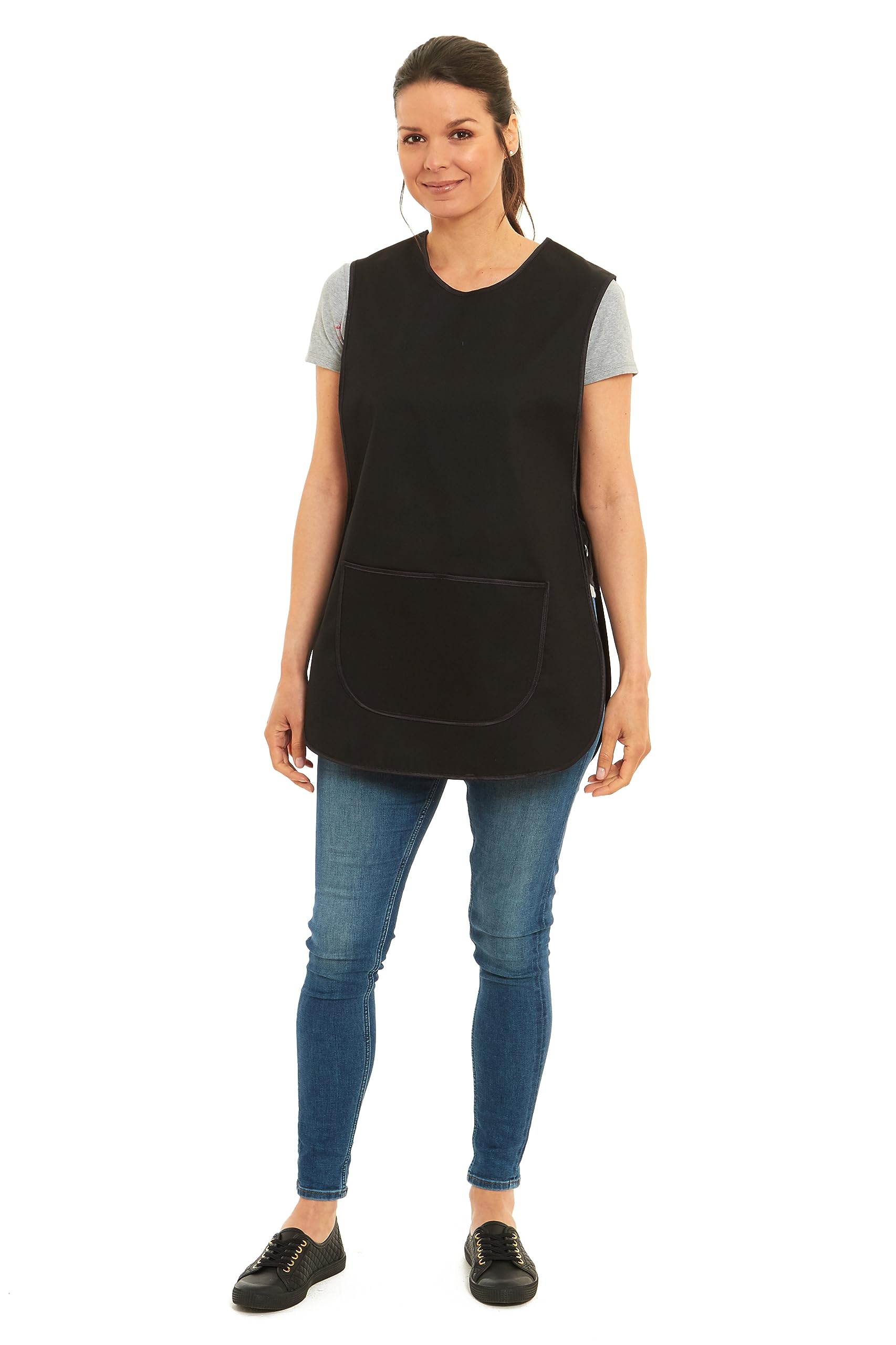 Tesmark Ladies Plain Colour Piping Design Tabard Apron Overalls Front Pocket Stylish Tabards for Women Casual Aprons for Women Home Kitchen Restaurants Coffee Shops UK Made (2XL, Black/Black Piping)