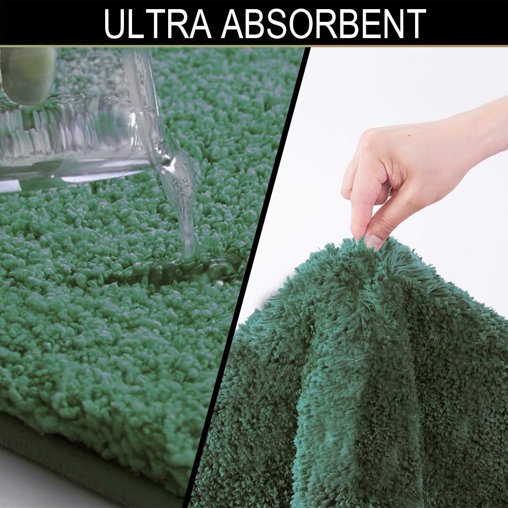 Walensee Shaggy 2 Piece Bath Rug Sets (Hunter Green) 20 x 24 U Shape Contour Rug & 20 x 32 Bathroom Rug Machine Wash/Dry Bath Mats for Bathroom Plush Absorbent Bathroom Rugs and Mats Set Non Slip