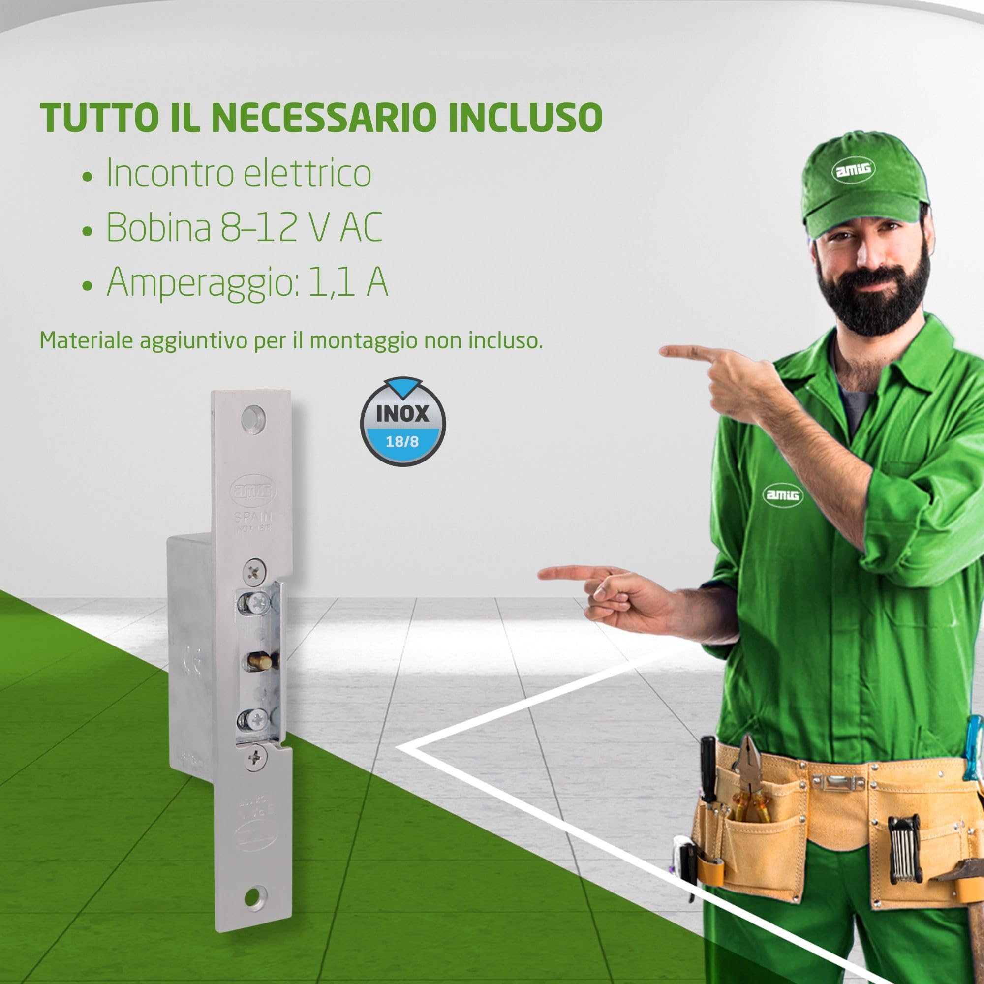 Amig - Apriporta Elettrico Mod.10 - Incontro Elettrico con Bobina Inclusa per Portoni, Negozi e Uffici - Apertura Remota e Controllo Accessi - 150 x 25 x 3 mm, 1,1 A, 8-12 V AC - Acciaio Inox 18/8