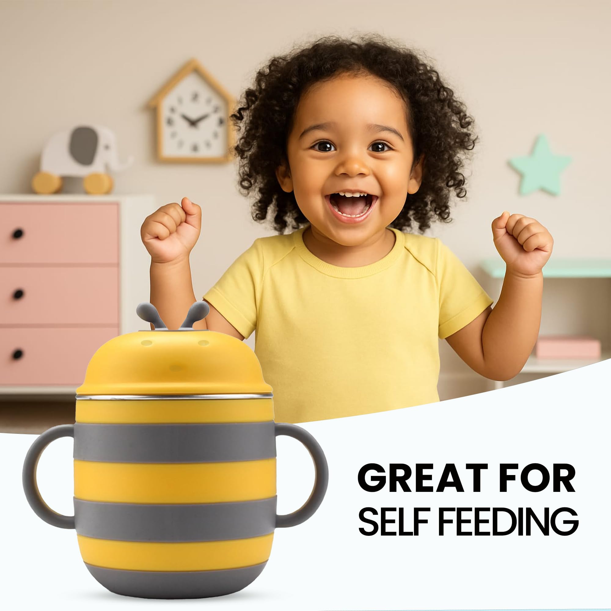 ONE AND ONLY Baby Sippy Cup | Stainless Steel Spill Proof Training Cup & Water Bottle with Handle | Toddler & Kids Milk Sipper Feeding Bottle | BPA-Free Baby Drinking Cup (Yellow) - Image 6 thumbnail