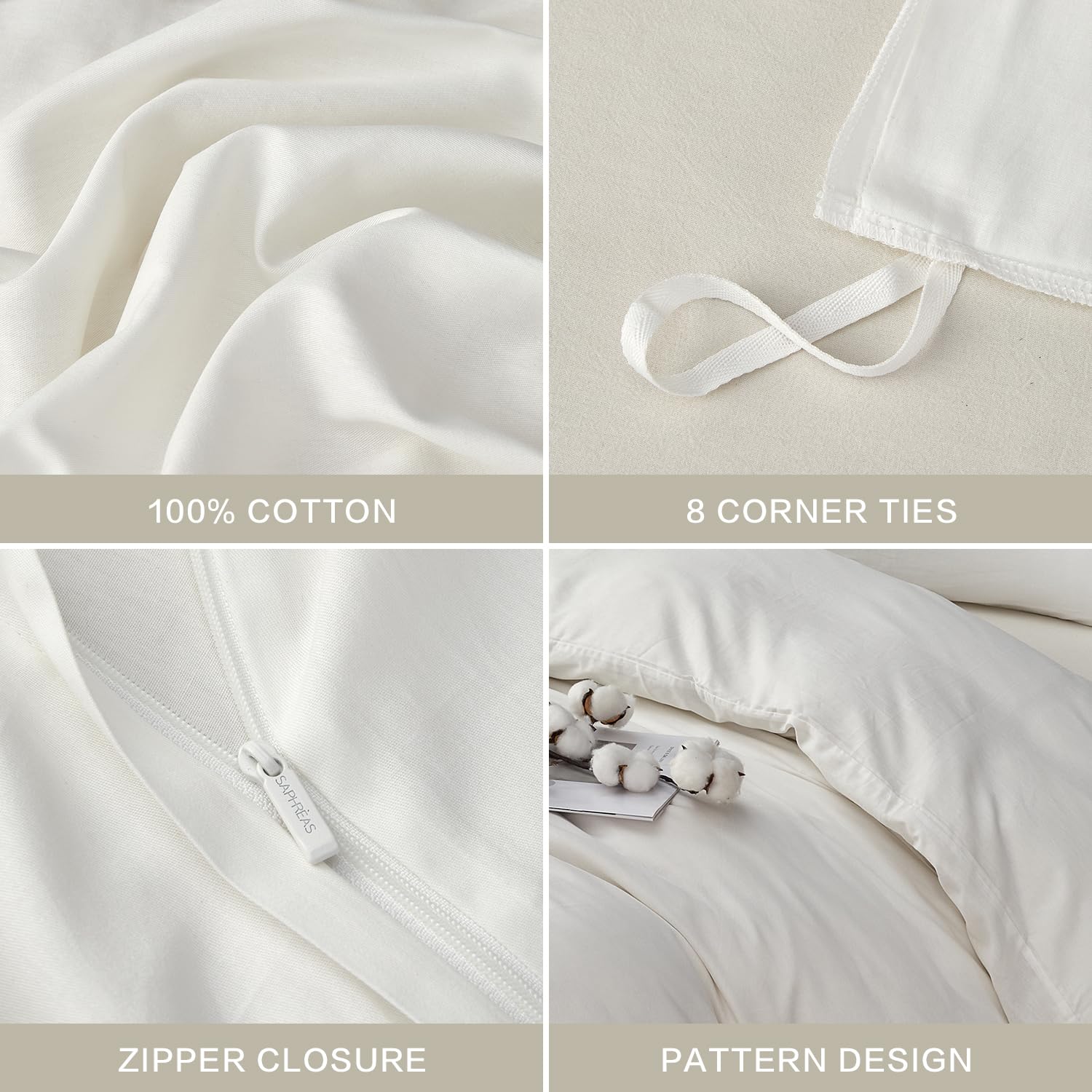 SAPHREAS Set copripiumino bianco avorio 100% cotone matrimoniale 3 pezzi stile semplice tinta unita morbido set copripiumino 1 copripiumino con cerniera 2 federe, piumino non incluso