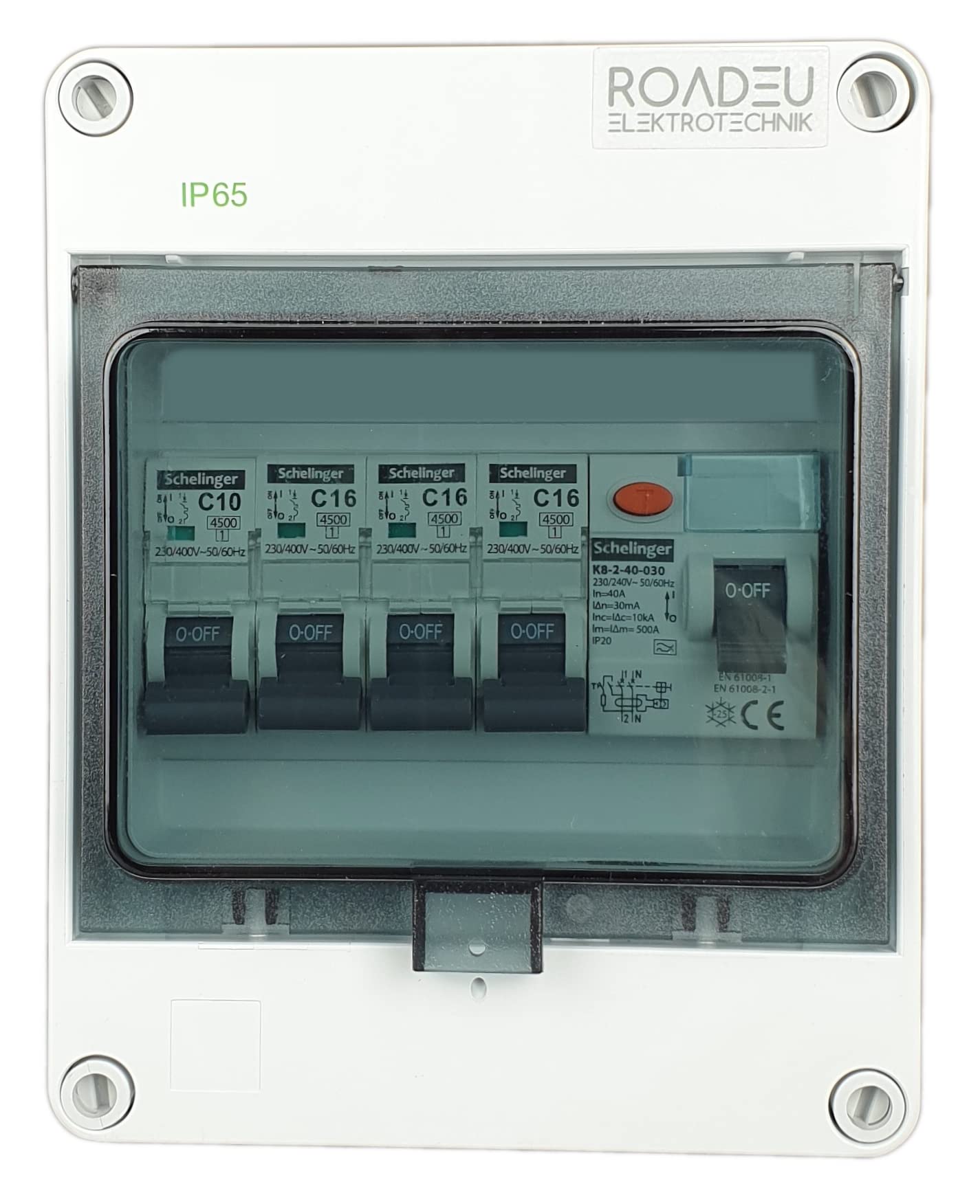 RoadEu - Quadro Elettrico Distributore di corrente - Completo con magnetotermico differenziale 40A 2P - 16A interruttore automatico e 10A C 3+1 in una scatola di distribuzione a parete IP65