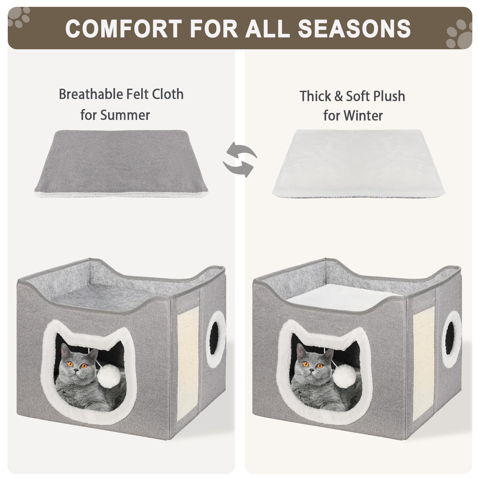 Niche pour chat d'intérieur - Grand lit pliable avec griffoir et grotte - Igloo semi-fermé pour chats et petits chiens - Gris