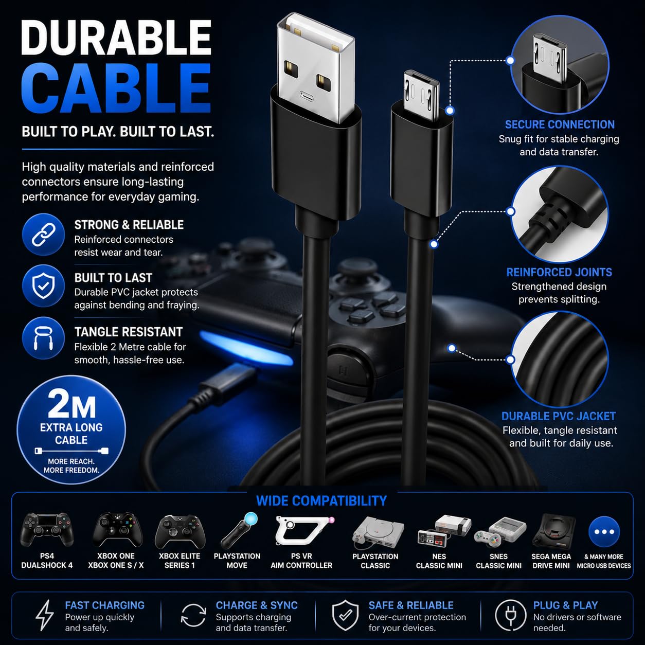 Dragon Trading Cable USB 2 m Carga Rápida para Mando PS4 DualShock 4 y Xbox One – Play & Charge, Largo y Resistente, Compatible con Carga en Modo Reposo