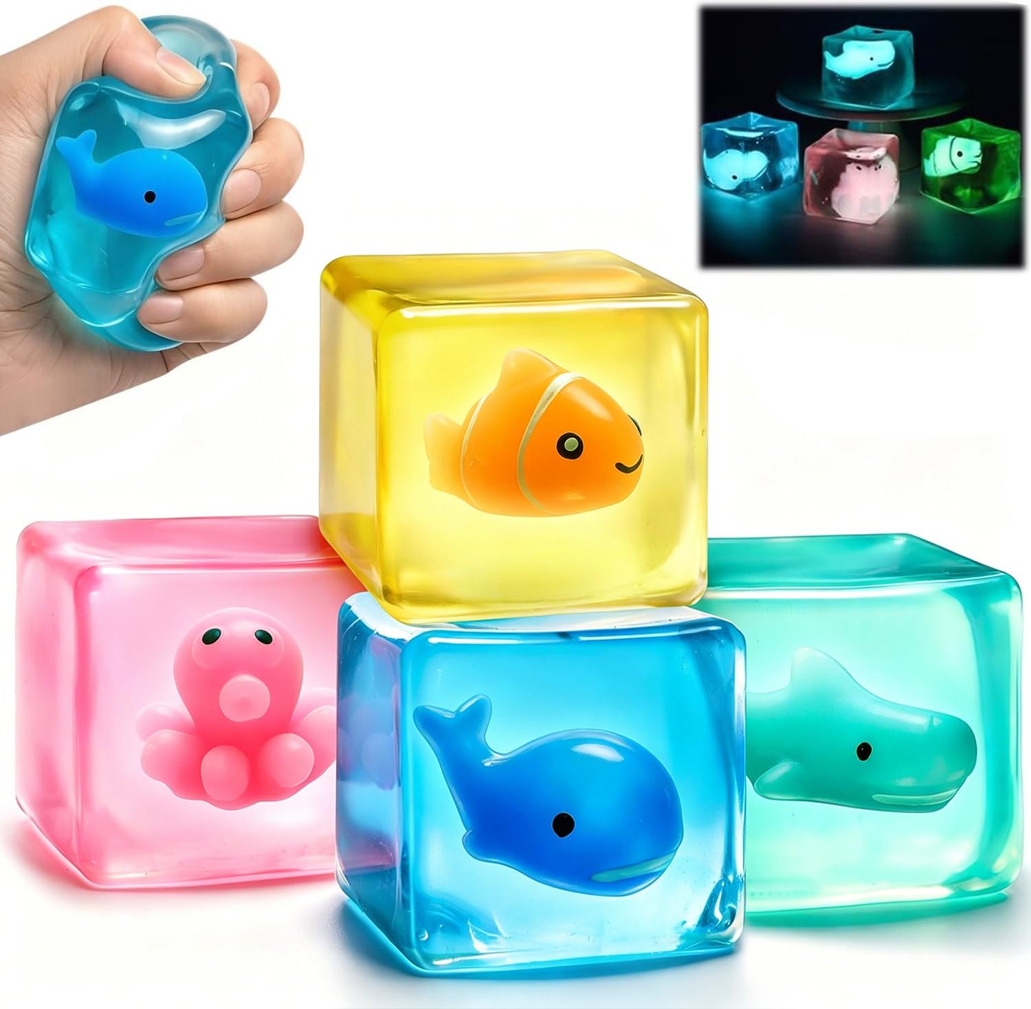 4PCS Nice Ice Cube Squishy Toys,Glow in the Dark Ice Cube Squishy Squeeze Toys,Sensory Fidget Toys,Soft Maltose Cube Toys for Anxiety Relief, Classroom Prizes and Party Favors(5.5cm) â image 1