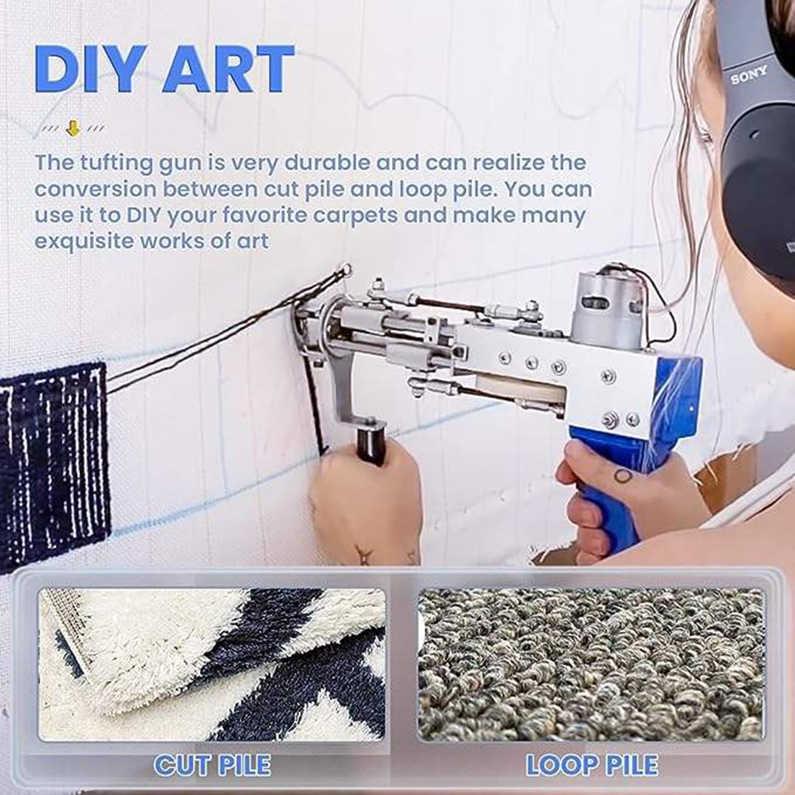 Rug Tufting Gun 2 en 1 Cut & Loop Pile,5-40 Puntadas/seg Ajustable con Recortadora De Alfombras,Tufting Gun Kit de Inicio de Pistola de mechones,Rug DIY Making Tools